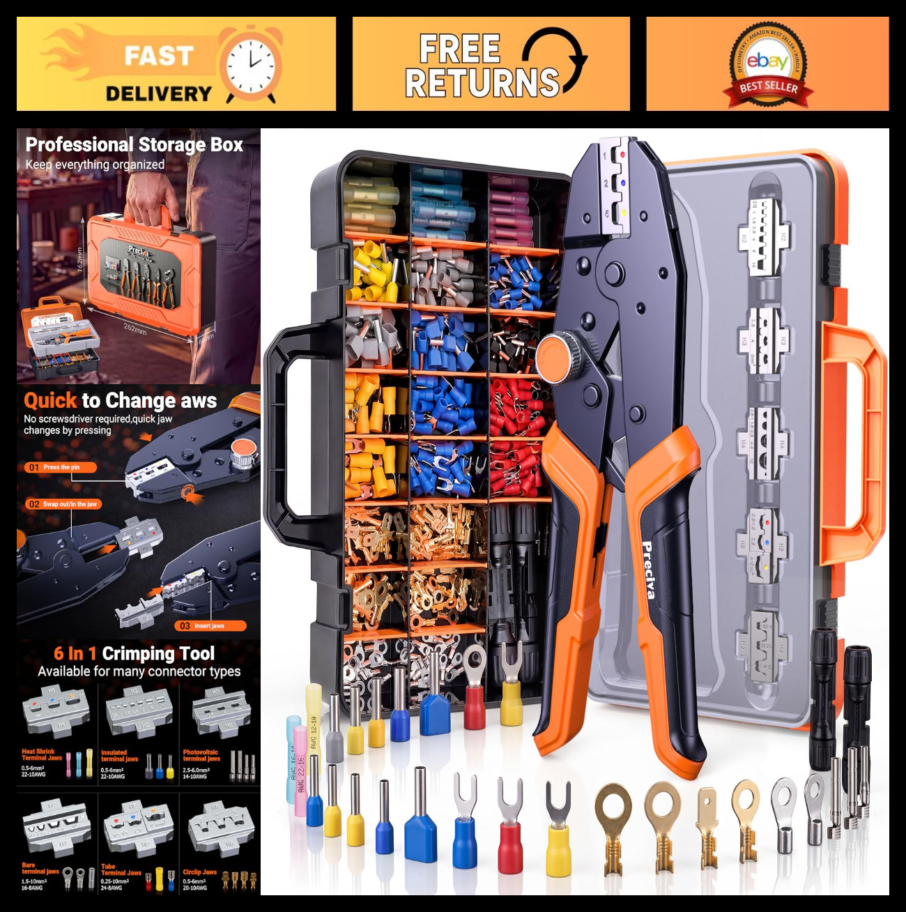 Adjustable Ratchet Crimping Tool Kit with 6 Jaws, 361pcs Terminals & Case - Elec