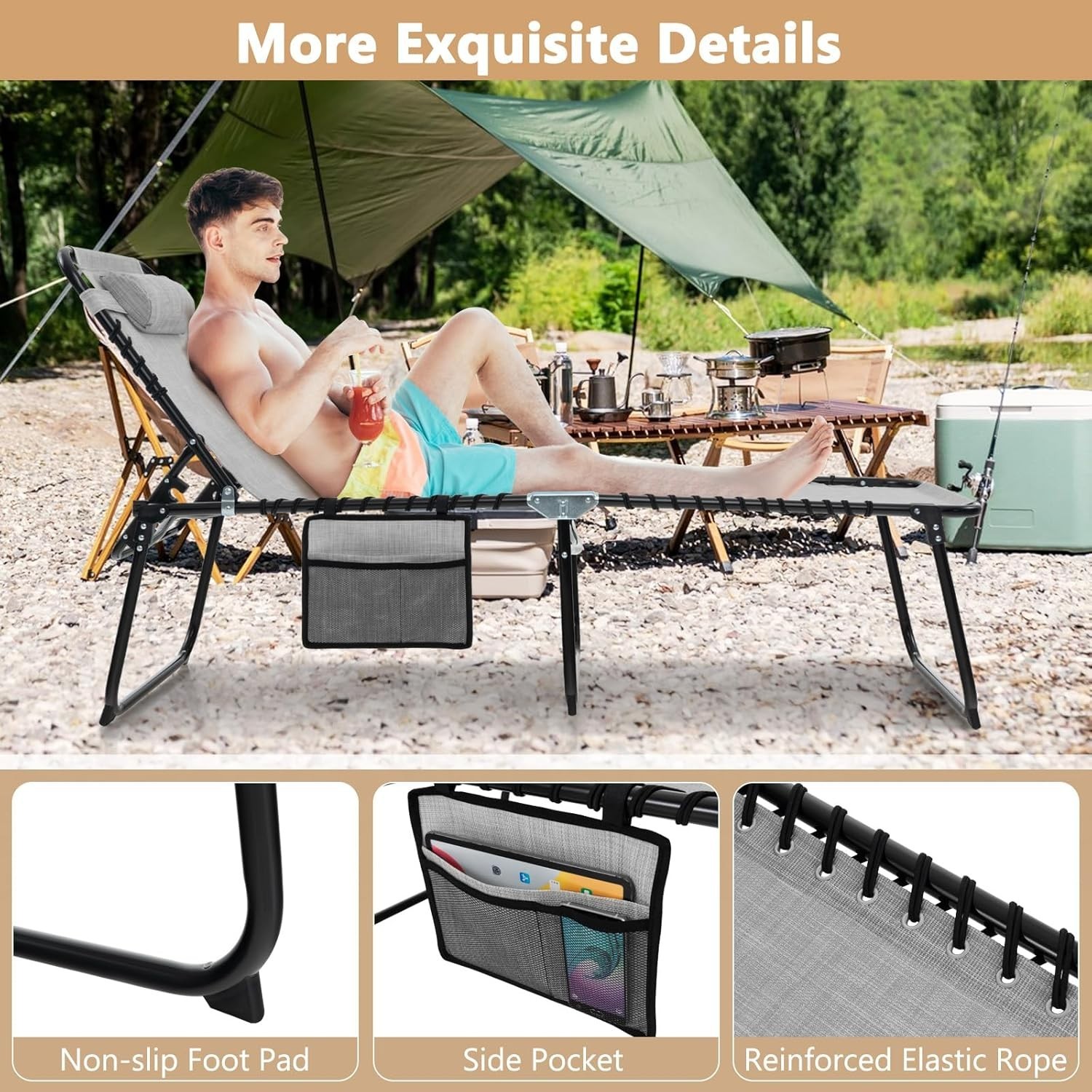 Grey Foldable Patio Lounge Chair with Headrest, 4-Position Adjustable Backrest