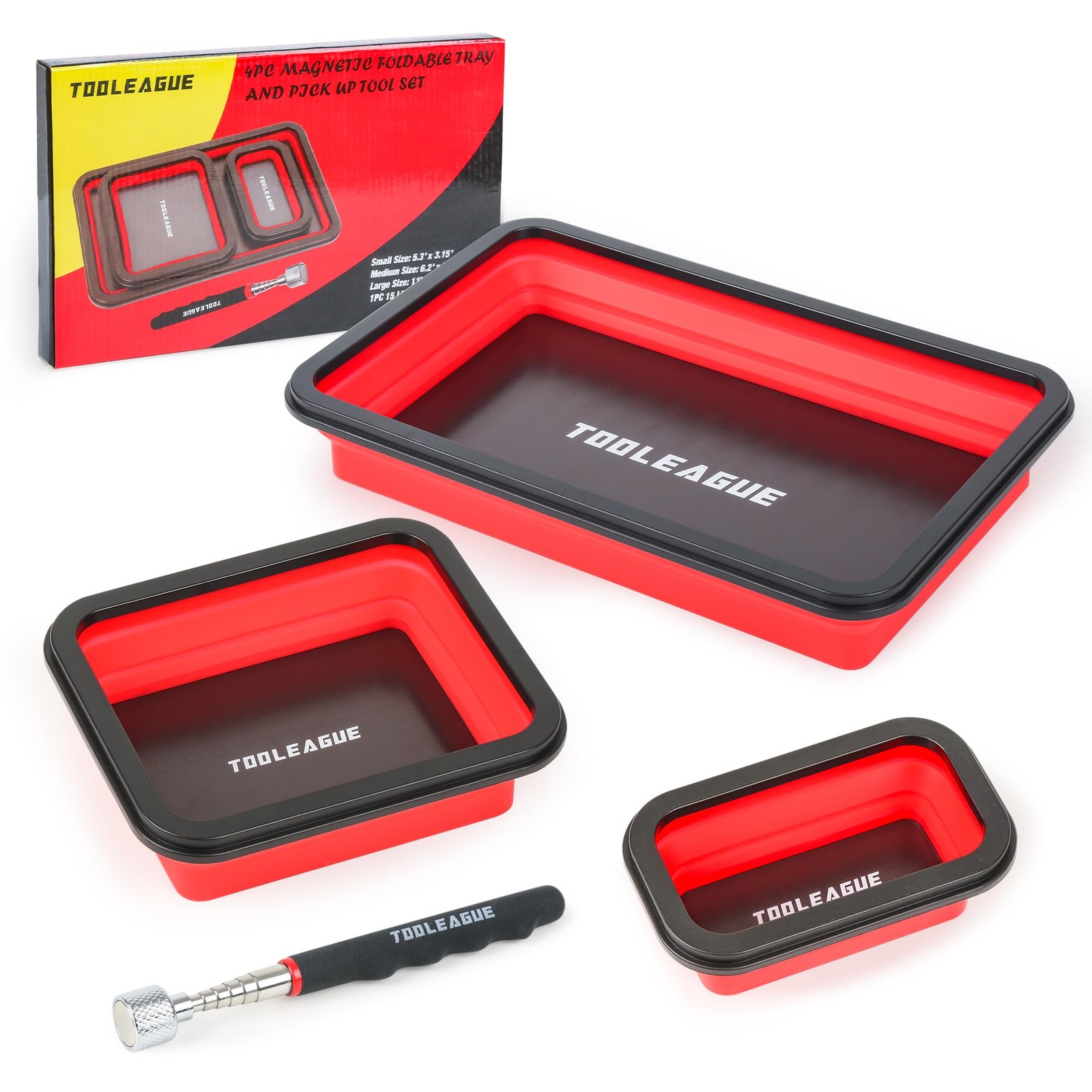 TOOLEAGUE 3Pcs Collapsible Magnetic Parts Tray Set with 15Lb 3pcs, Red