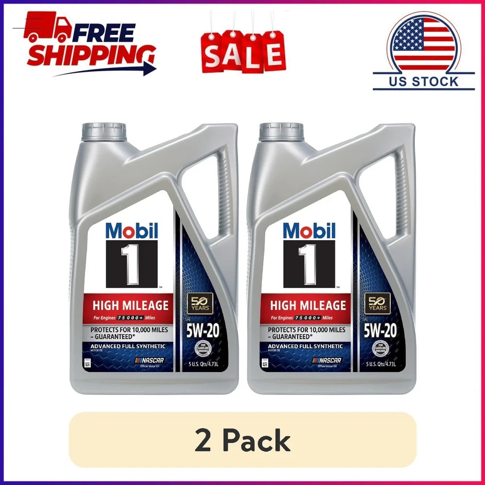(2 pack) Mobil 1 High Mileage Full Synthetic Motor Oil 5W-20, 5 Quart