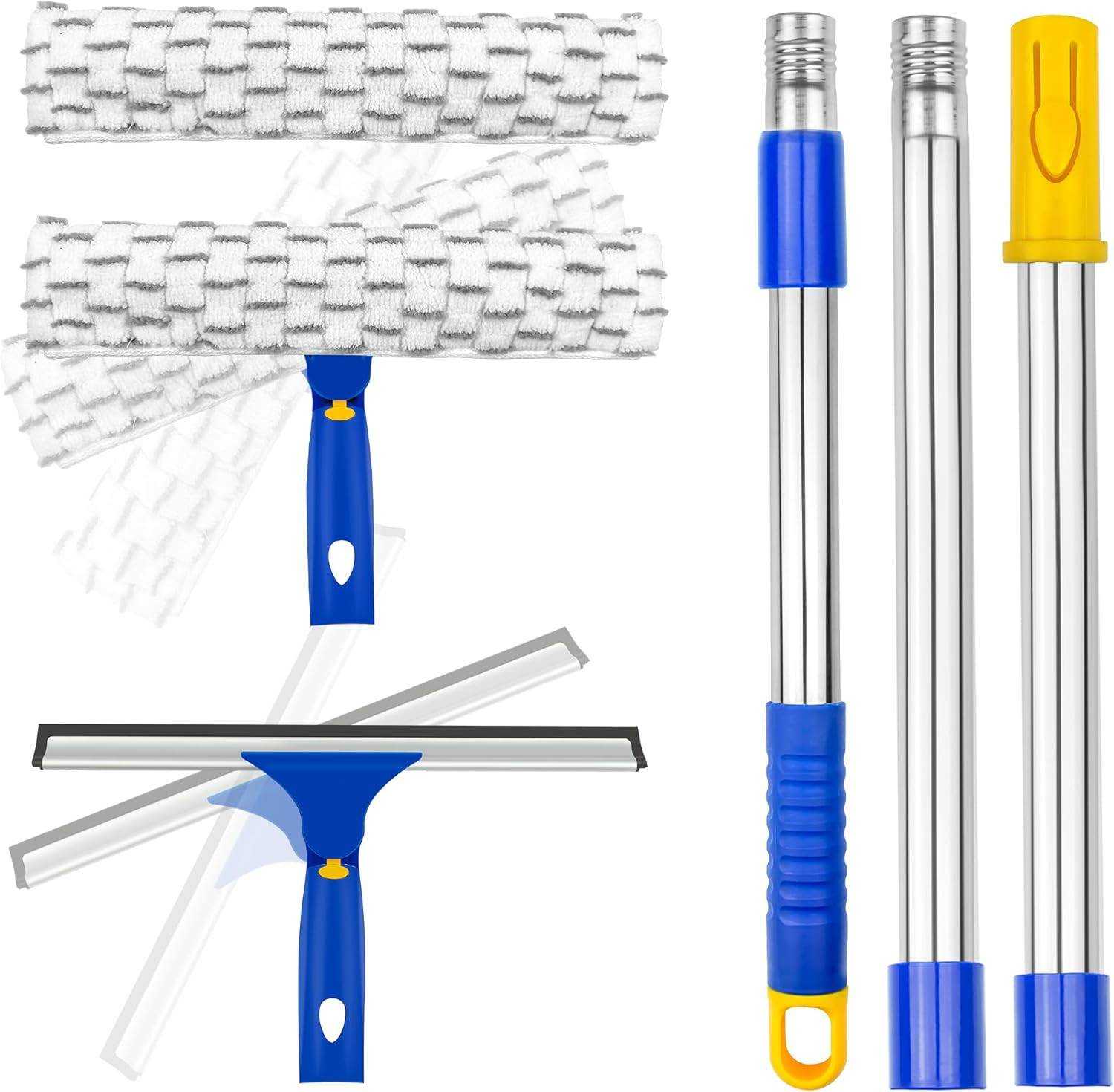 Window Squeegee with Extension Pole, Separate 12" Squeegee & 11" Microfiber Scru