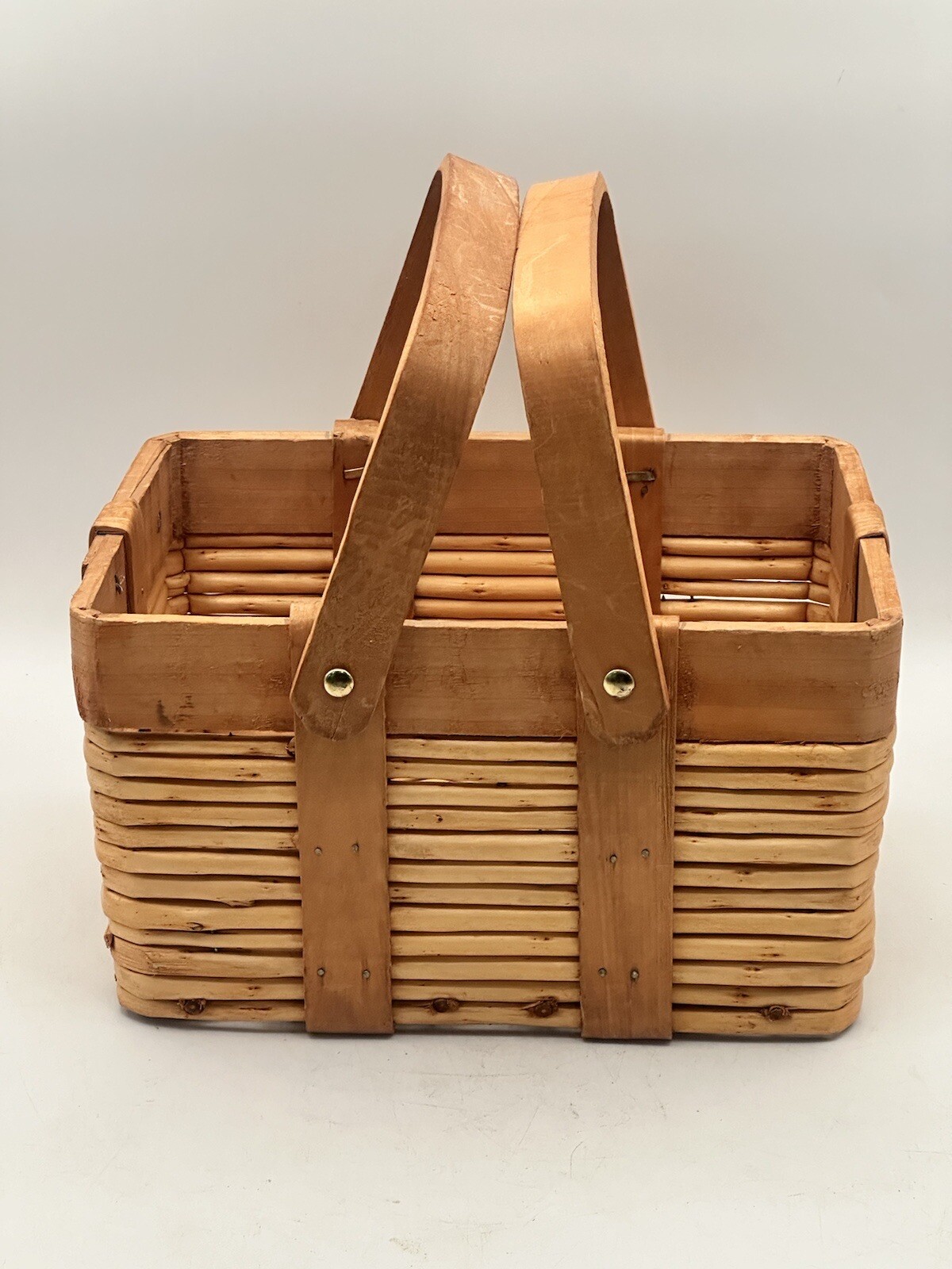 Vintage Woven Wood Gathering Basket With Folding Handles