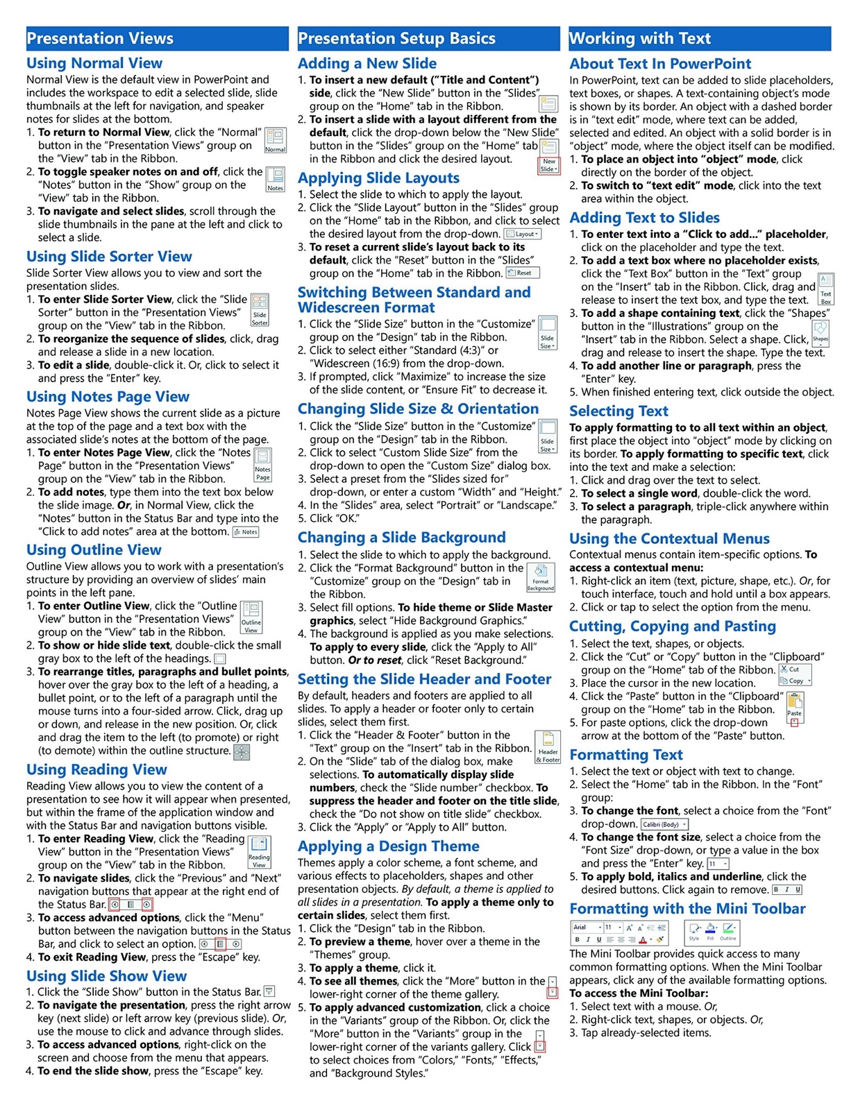 PowerPoint 2016 Training Guide Quick Reference Card 4 Page Cheat Sheet Help