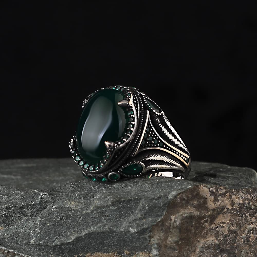 Green Agate Men's Silver Ring, Handmade Green Agate Stone Silver Ring for Men,