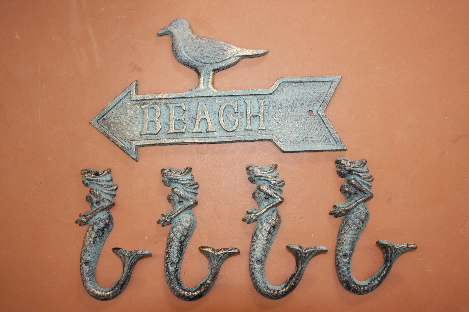 (5),Antique-look Mermaid Bathroom Towel Hooks with Seagull Wall Plaque,Cast Iron