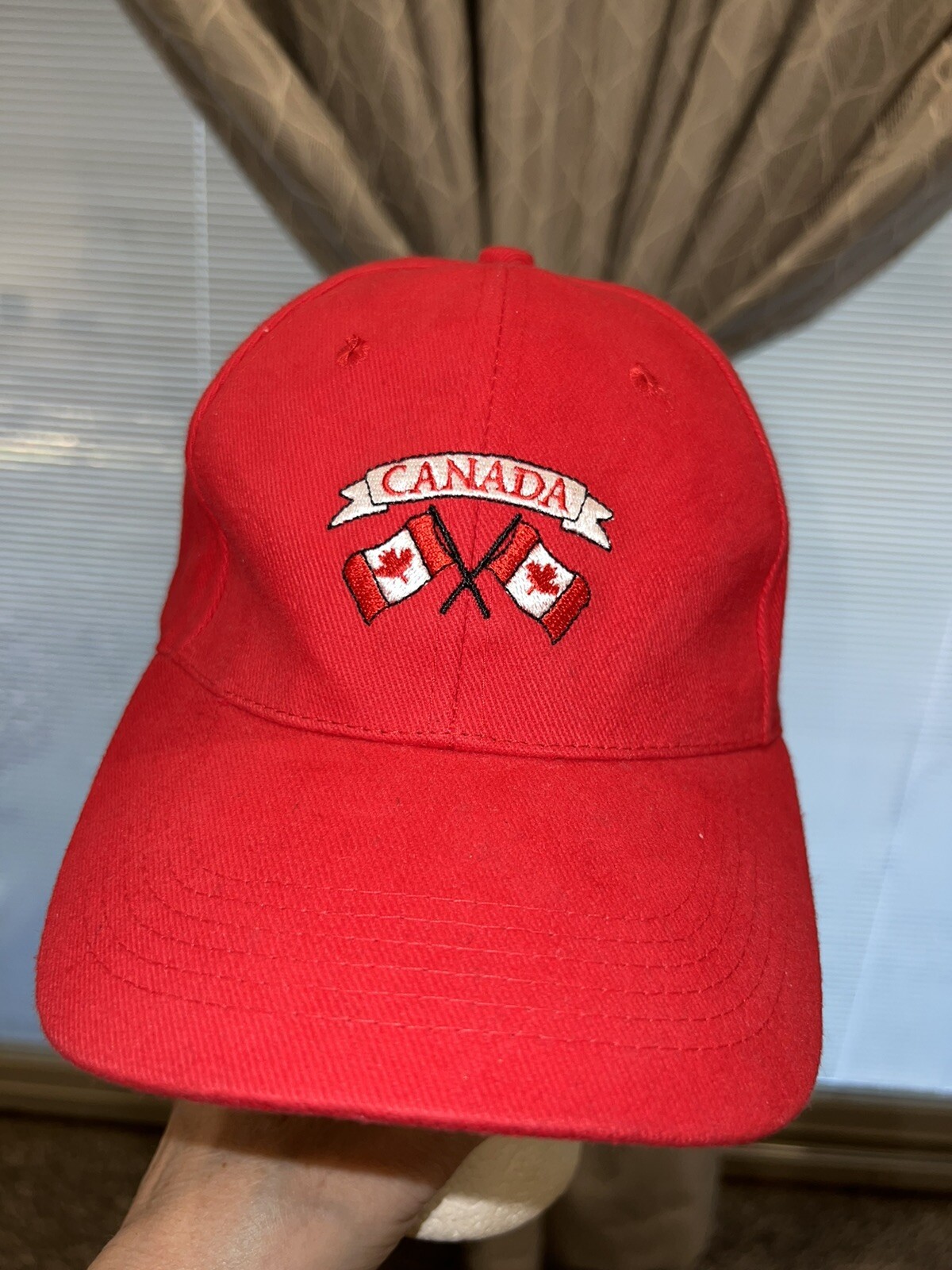 Red Canada hat Cap 2 Red/White Flags with Red Maple Leaves 100% Cotton EUC Adj