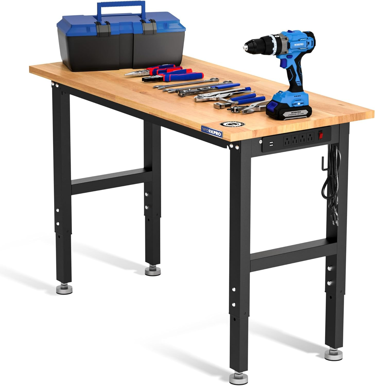 WORKPRO Adjustable Garage Workbench, 48"X22" Rubber Wood Top Heavy-Duty Work Des