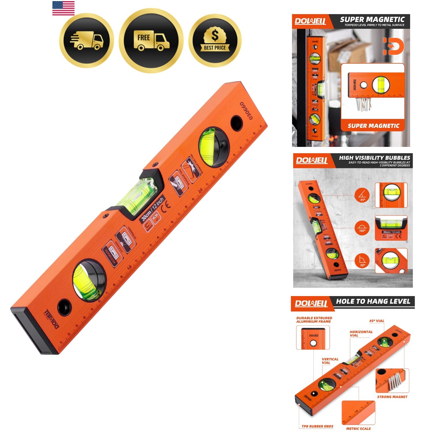 12 Inch Magnetic Spirit Level with Metric Scale, 3 Different Bubbles-45°/90°/...