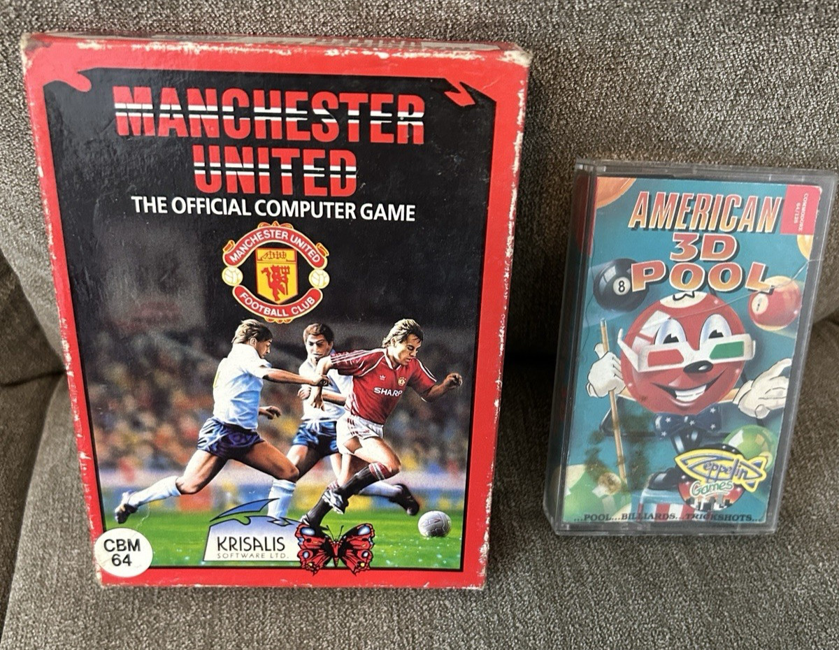 Manchester United & American 3D Pool Video Game Cassettes - Commodore 64 Tested