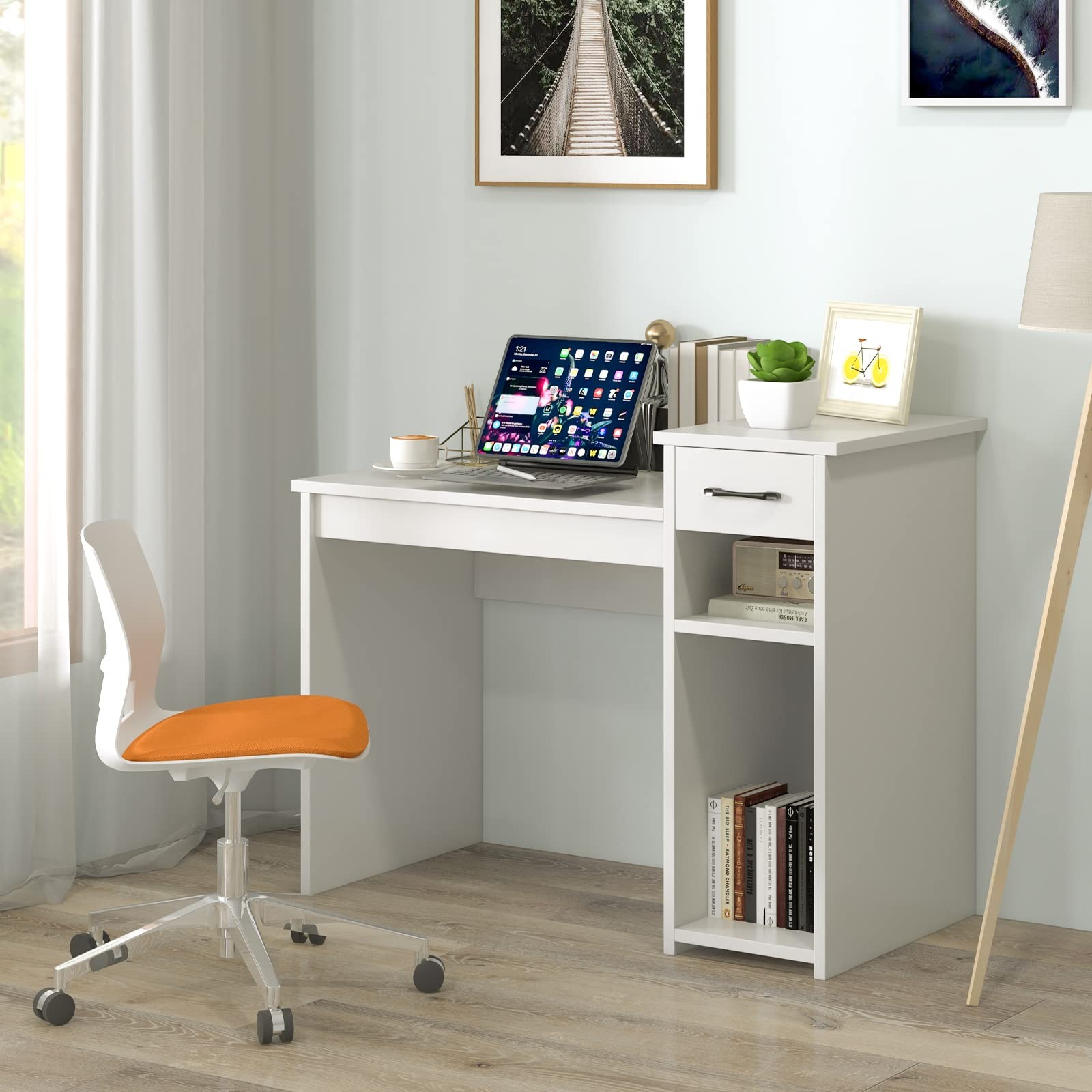 Giantex White 40" Computer Desk Study Writing Table w/ Drawers & Printer Shelf