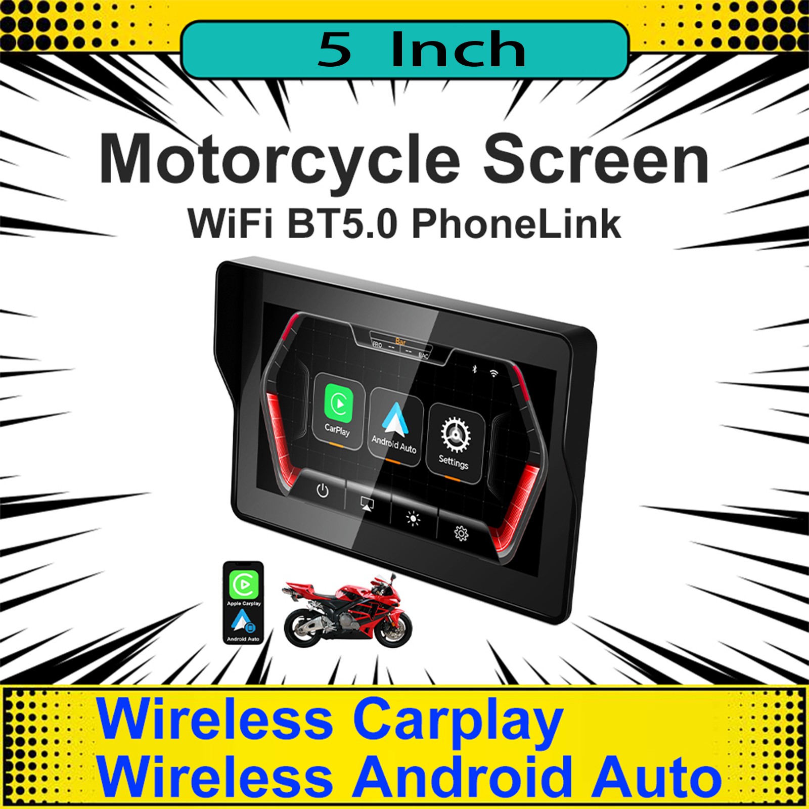 5 Inch Motorcycle Carplay GPS Navigation System with Wireless Apple Carplay Siri