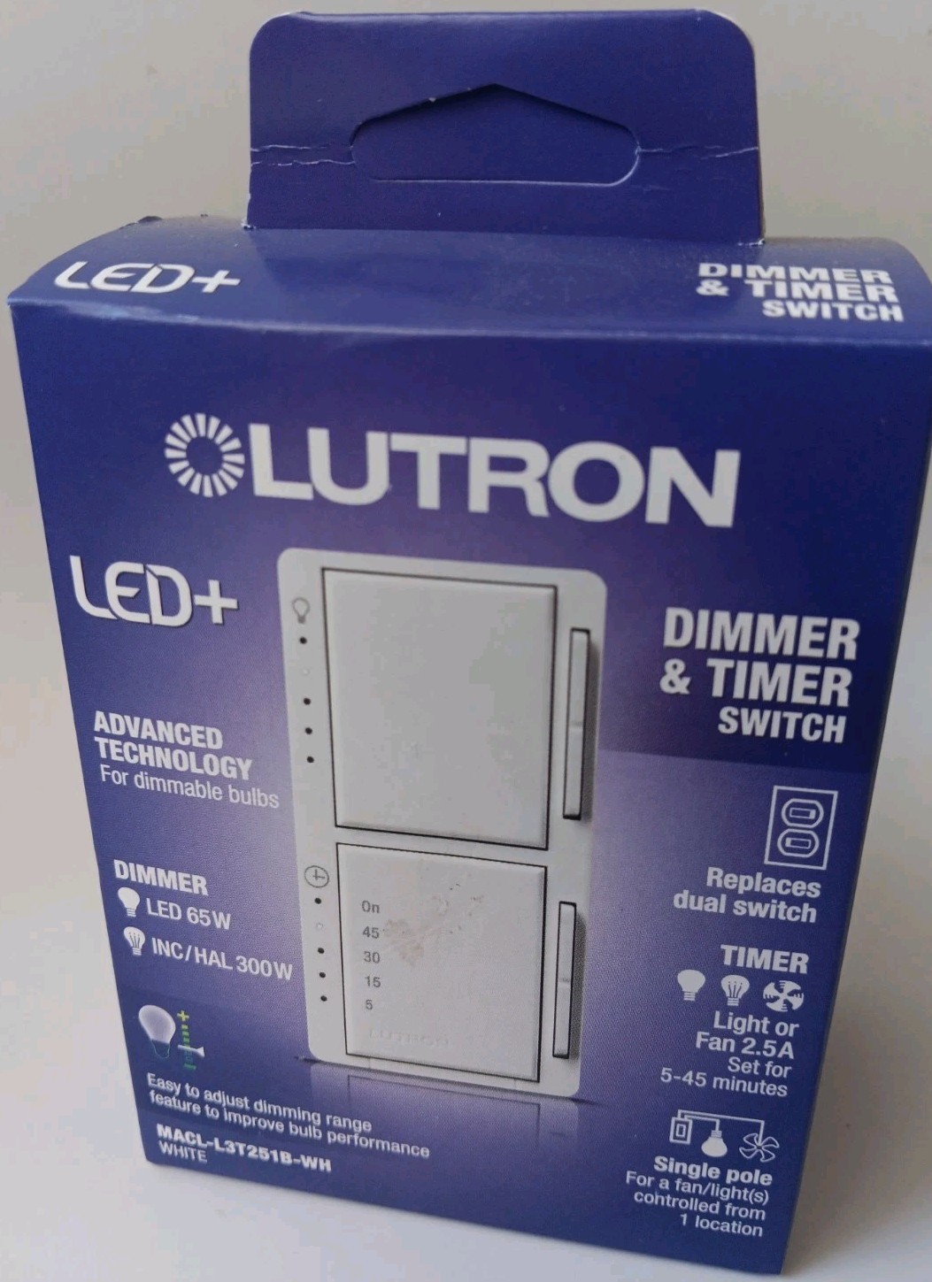 NEW Lutron LED+ Dimmer & Timer Switch MACL-L3T251B-WH