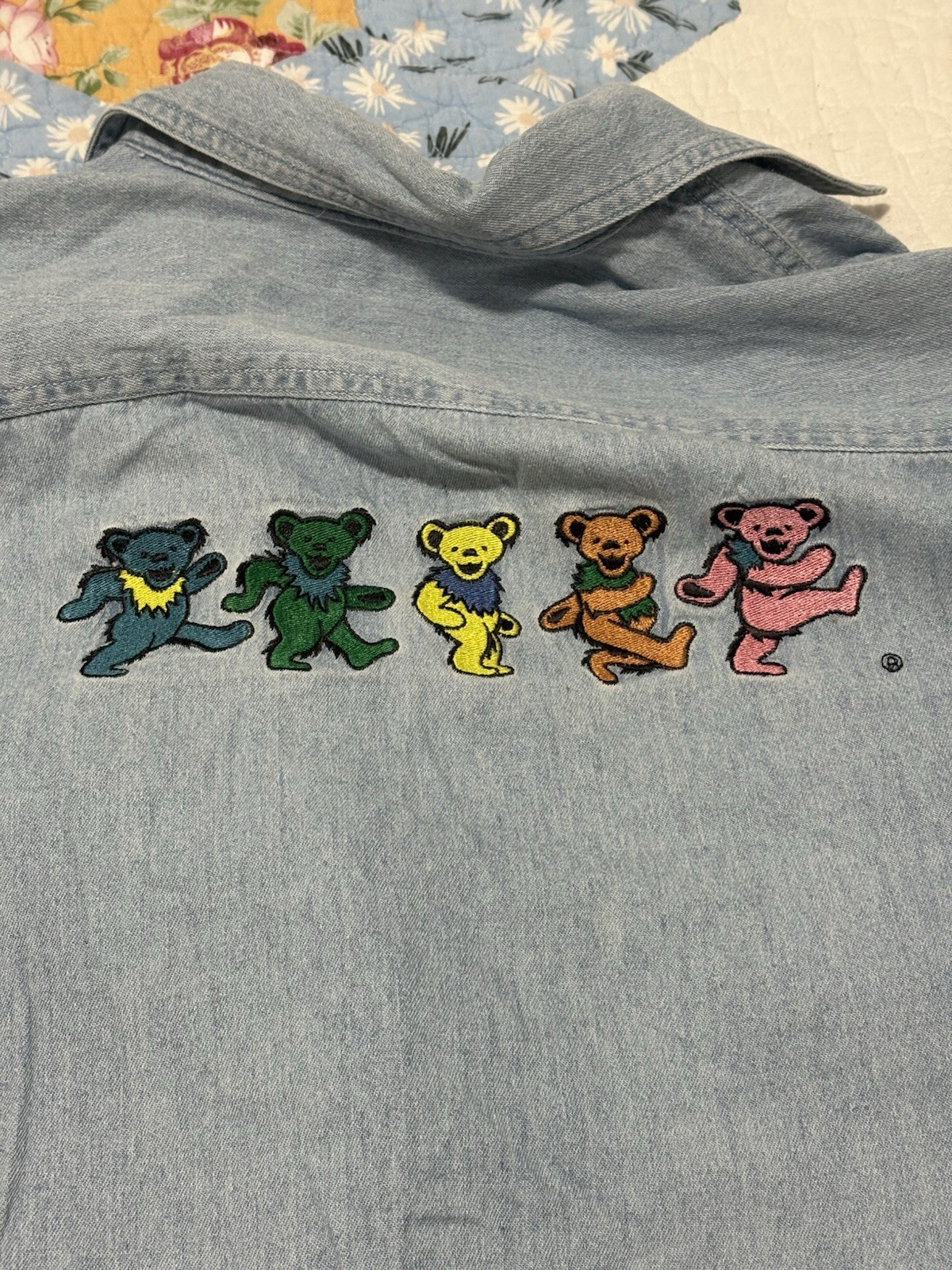Grateful Dead Button Up Shirt Mens Blue Dancing Bear Long Sleeve Large