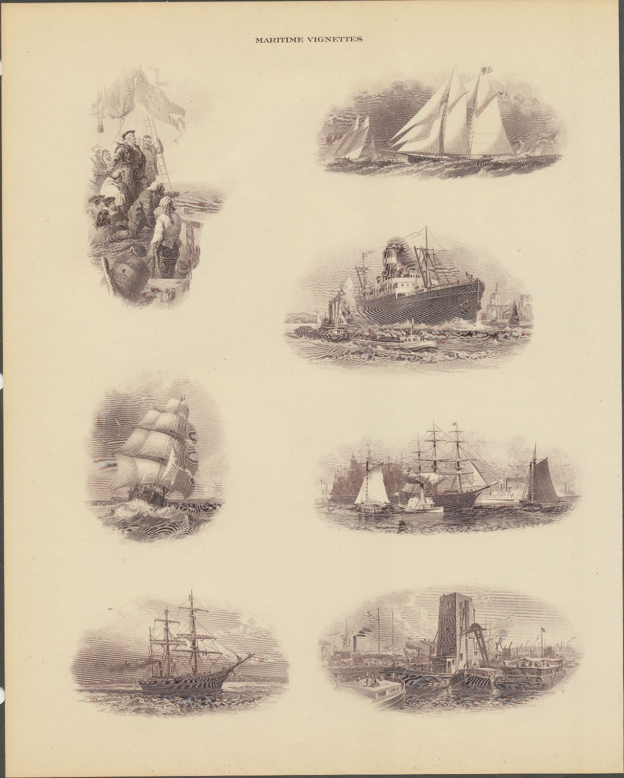 G24 - VINTAGE AMERICAN BANK NOTE COMPANY ENGRAVING PAGE, MARITIME VIGNETTES
