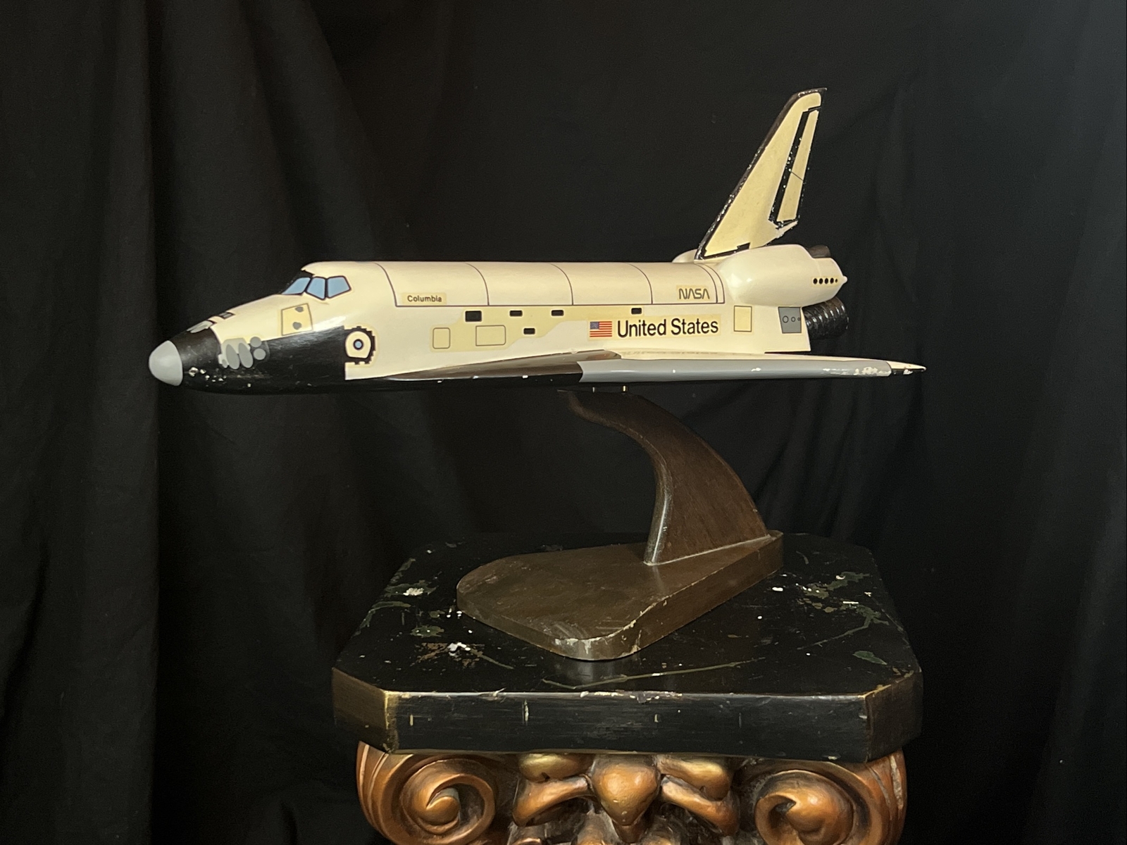 Vintage 1980s NASA Space Shuttle Columbia 14" Desk Wood Wooden Model 1/100 Scale