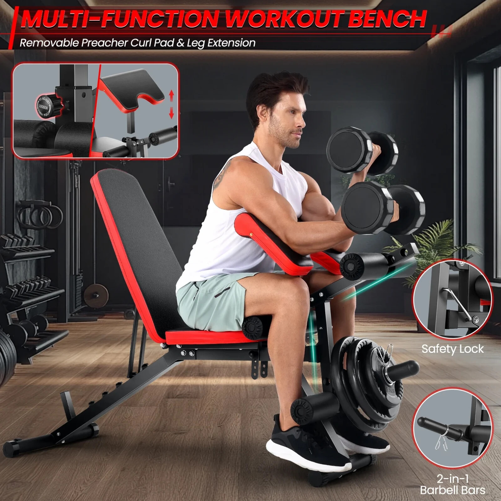 800LBS Adjustable Weight Bench Press Set, Olympic Workout Bench w/Leg Extension