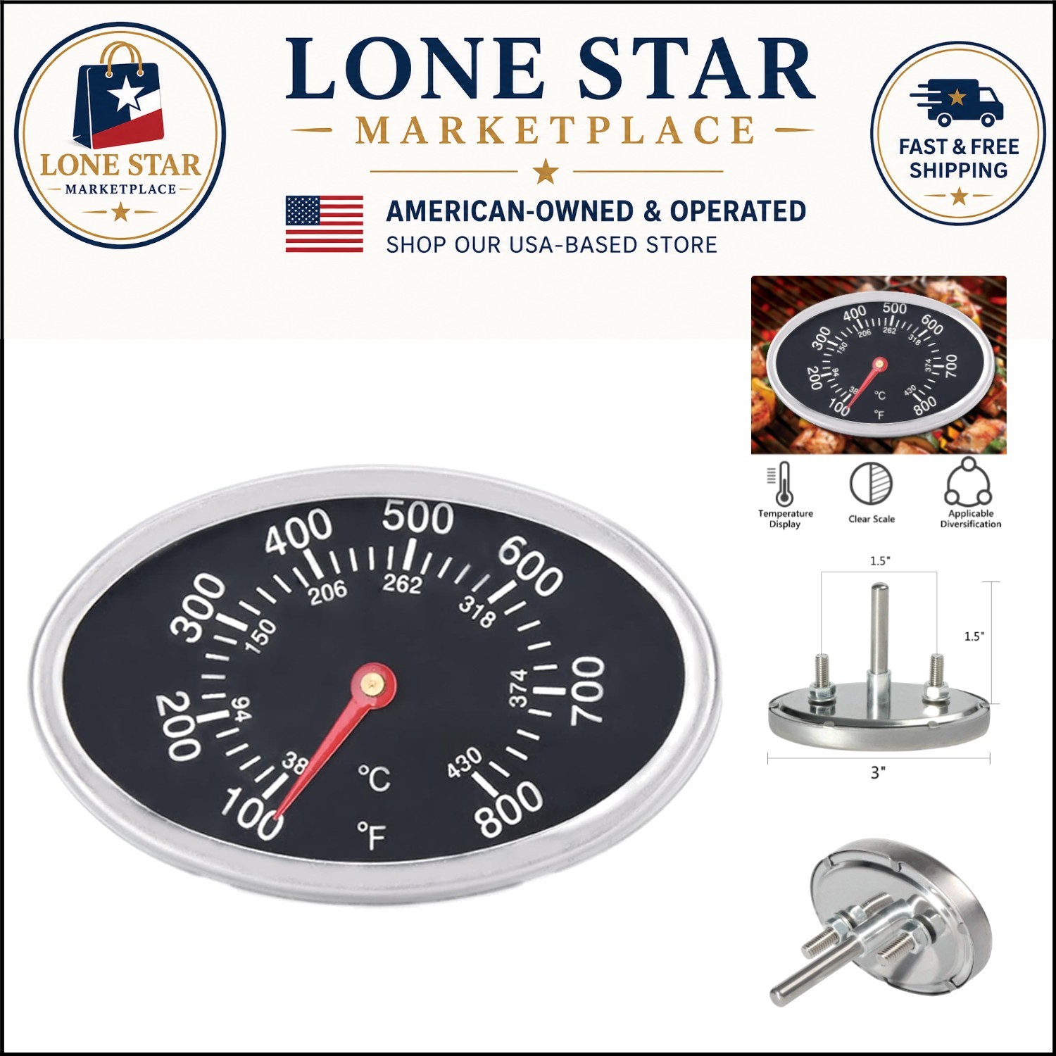 Stainless Steel Analog Grill Thermometer - 800°F Heat Indicator Replacement