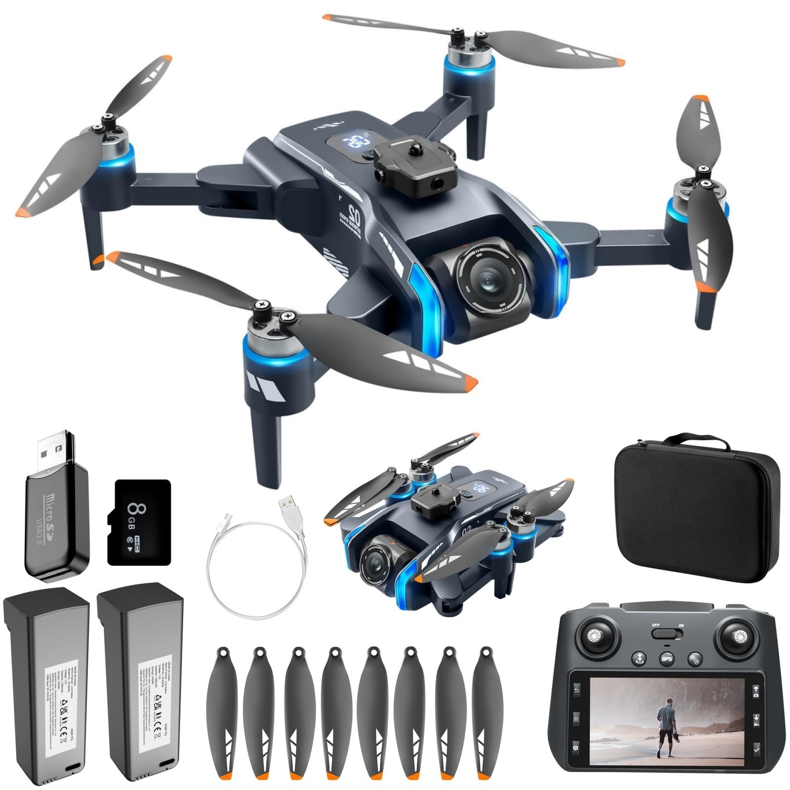 GPS Drone with Camera for Adults, 4.5" Screen Remote Controller, Blue