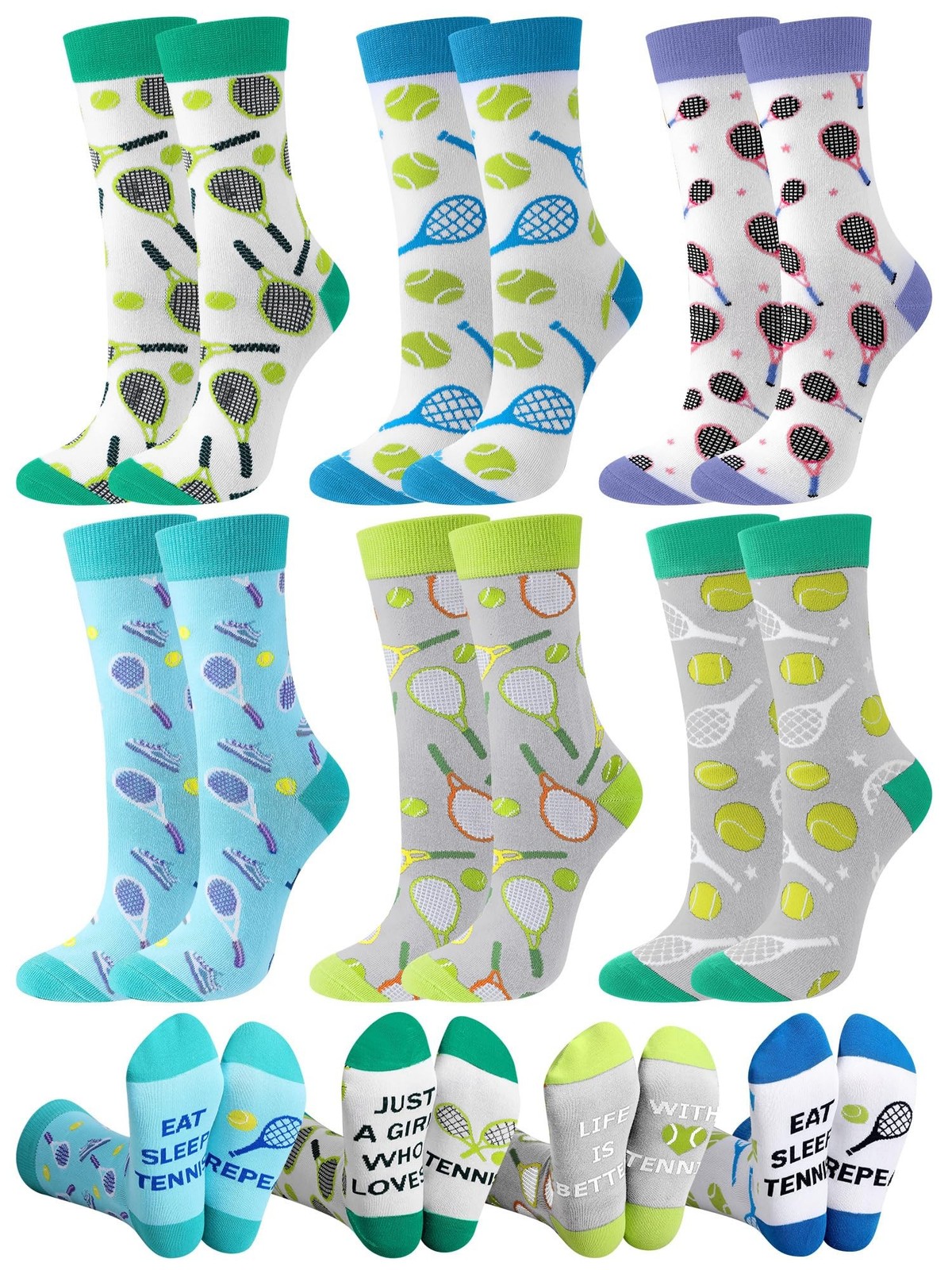 6 Pairs Funny Tennis Socks for Women Novelty Casual Crew Socks Tennis Lovers ...