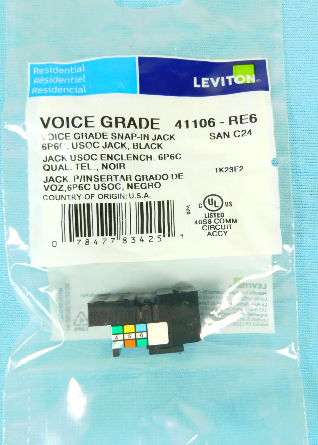 41106-RE6 Leviton Voice Grade USOC QUICKPORT Jack 6P6C - Black - QUANTITY OF 27