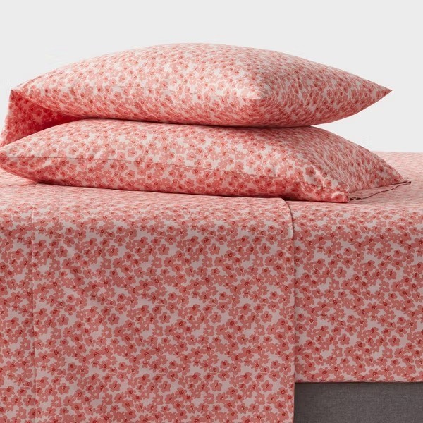 Queen Microfiber Sheet Set Pink Floral: Polyester, Peached Finish,4-Piece Set