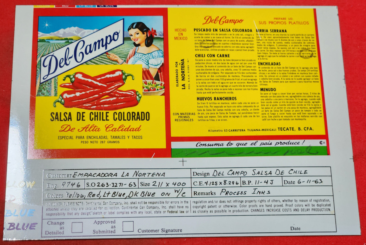 rare CONTINENTAL CAN flat DEL CAMPO SALSA CHILE de COLORADO APPROVAL 1963 8w5