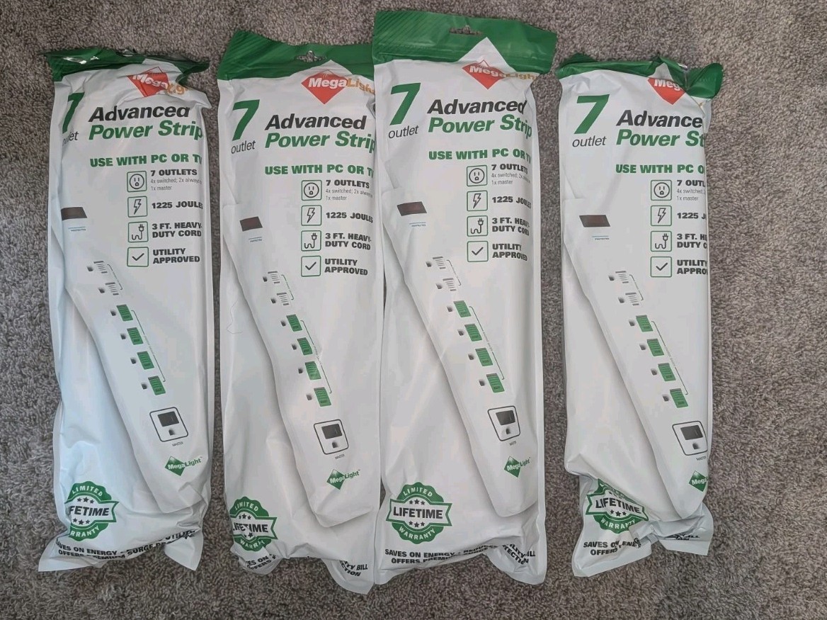 Lot Of 4 - MegaLight Advanced 7 Outlet Power Strip 7 Outlet 3 Ft Heavy Duty Cord