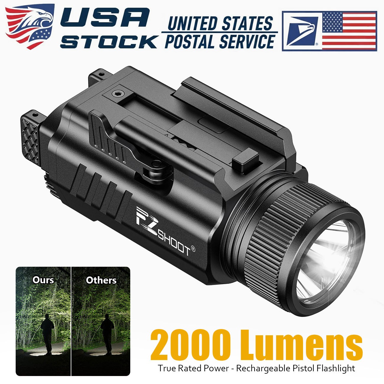 2000 Lumens Pistol Flashlight Magnetic Rechargeable Handgun Light - GL/1913 Rail