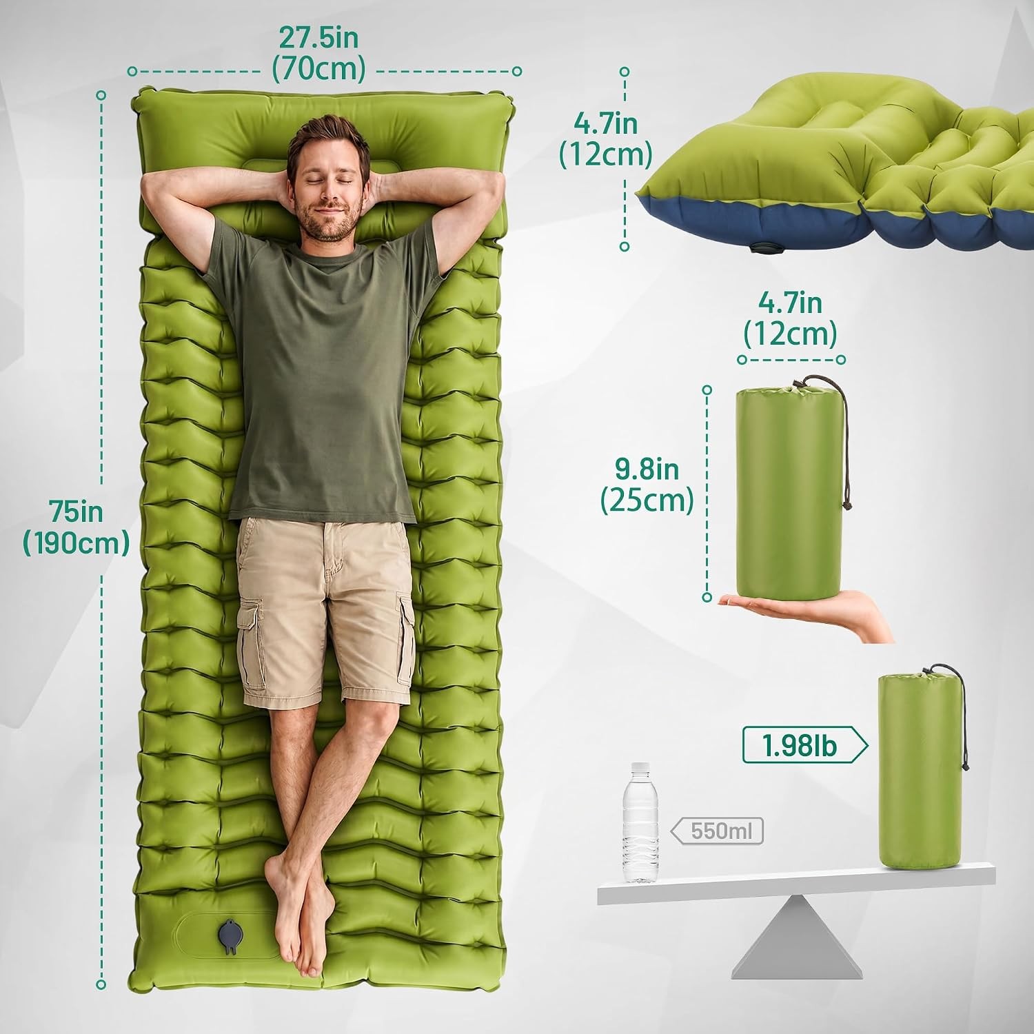 Overmont Inflatable Sleeping Pad for Camping - 4.7" Extra Thick Inflating Campin