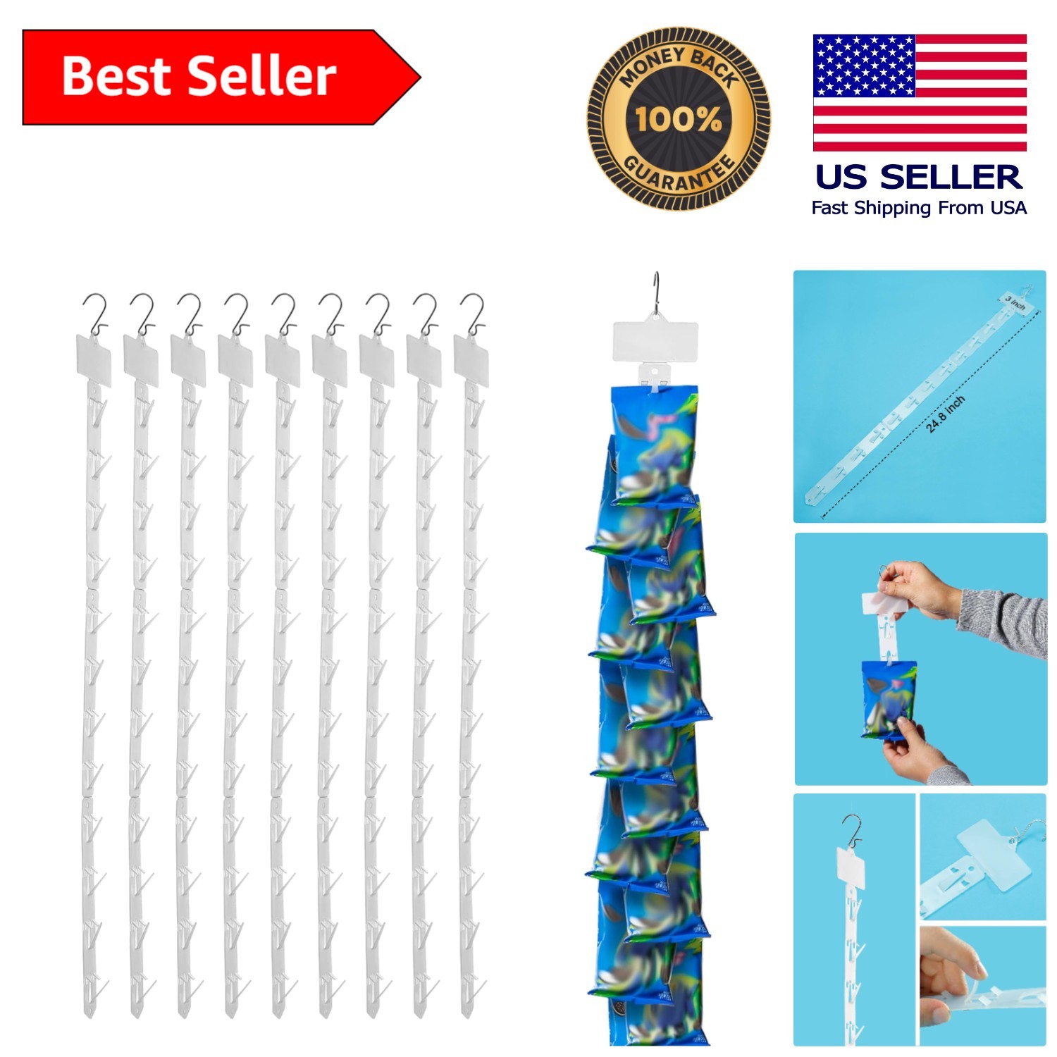 Durable Plastic Merchandise Hanging Strips: 10 Hooks & Maximum 35lb Capacity