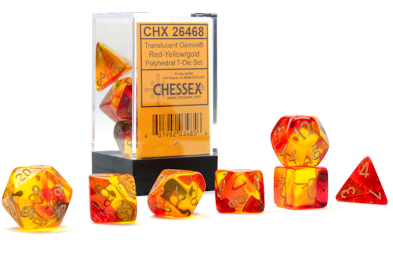 Chessex Gemini - Translucent Red-Yellow/Gold - 7 Die Set - ***NEW*** - US Seller