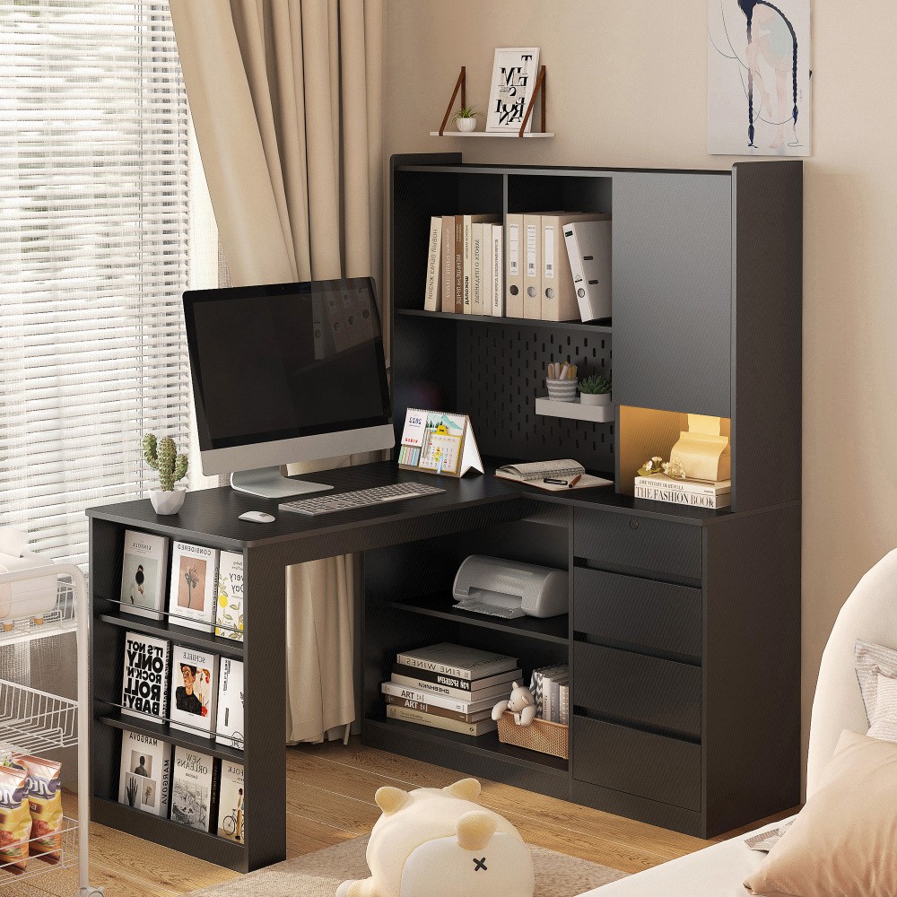 L Shaped Desk with Charger,Computer Desk with Drawers,Bookshelf, with LED Light