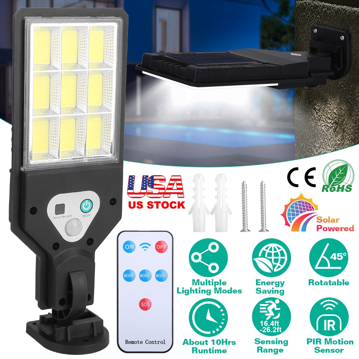 Wireless Solar Wall Light Outdoor Lamps PIR Motion Sensor Light W/Remote Control