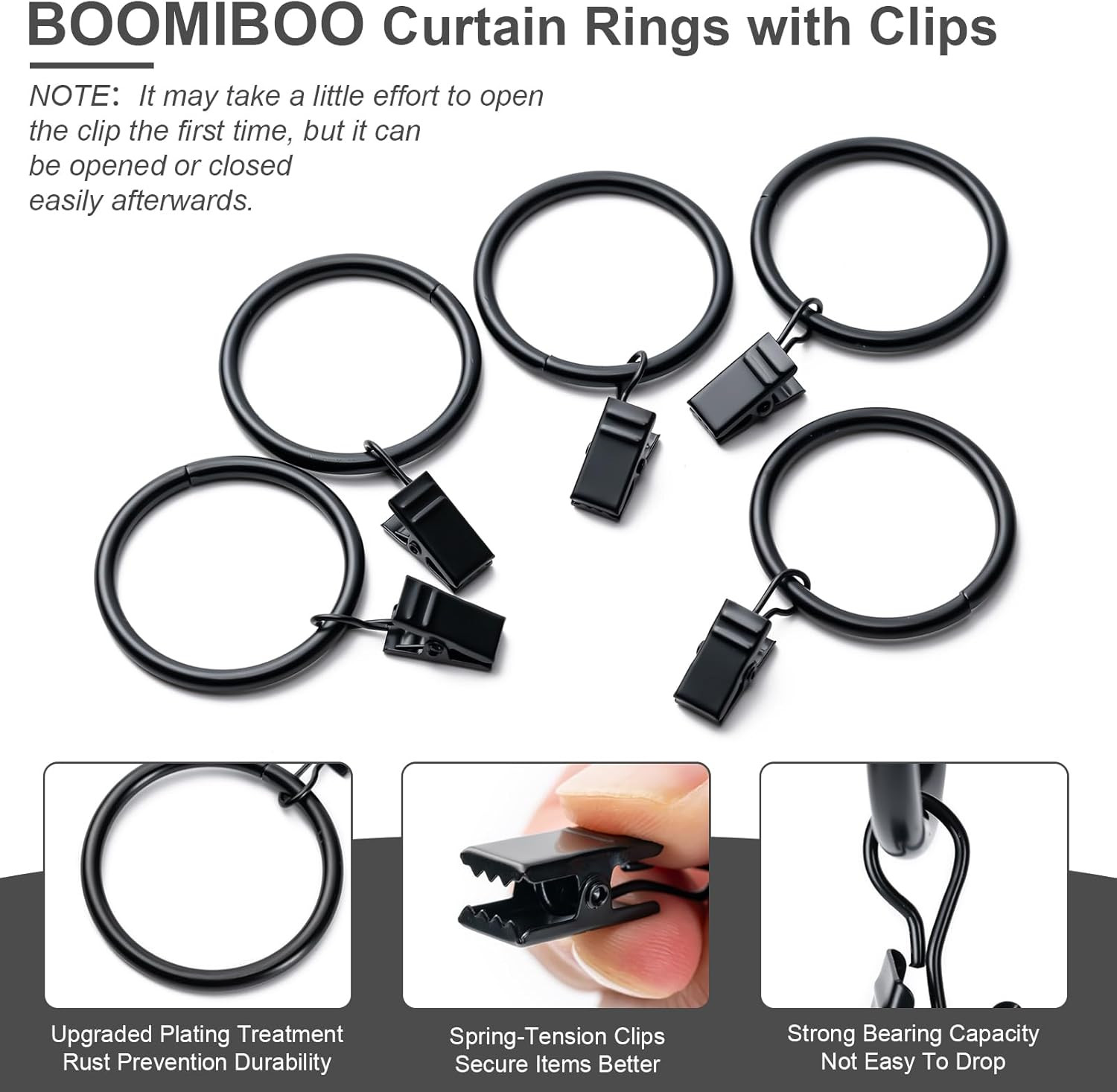 BOOMIBOO 36 Pack Curtain Rings with Clips, 1.26" I D 36 Pack, Black
