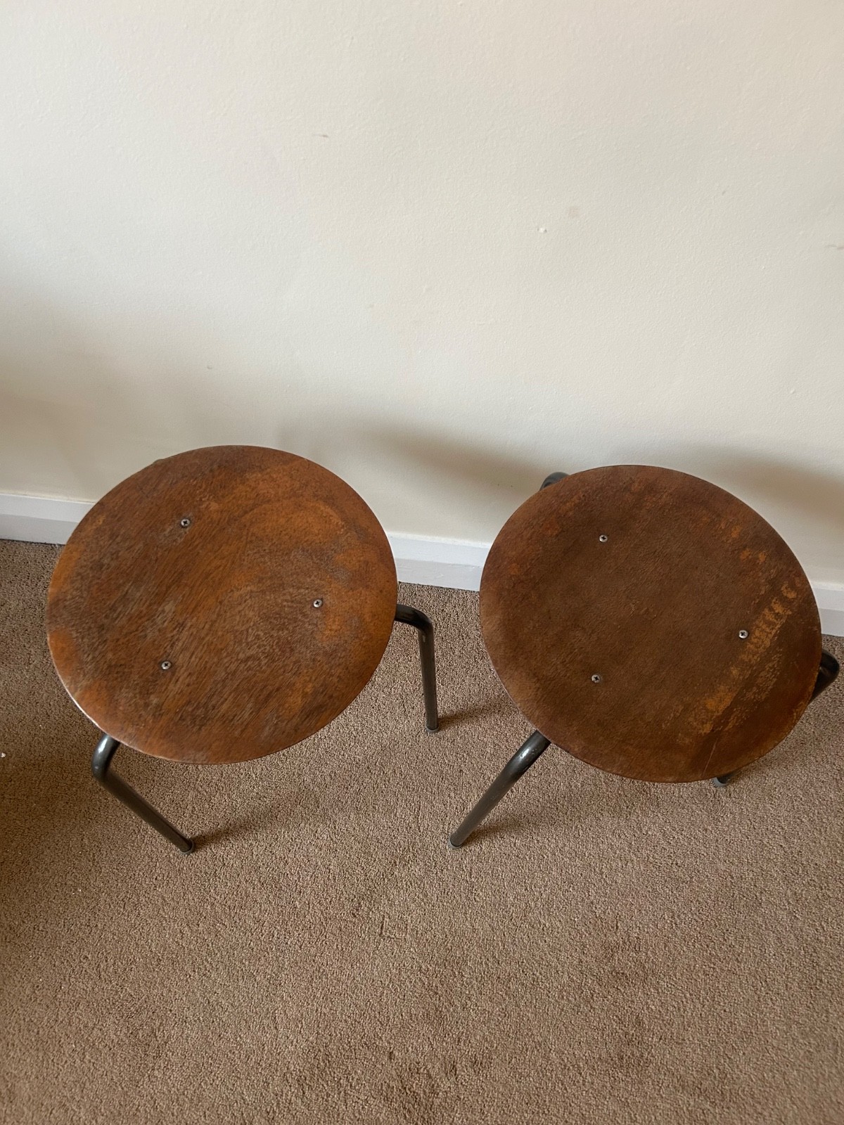 Pair of plywood dot stools stackable mcm retro vintage