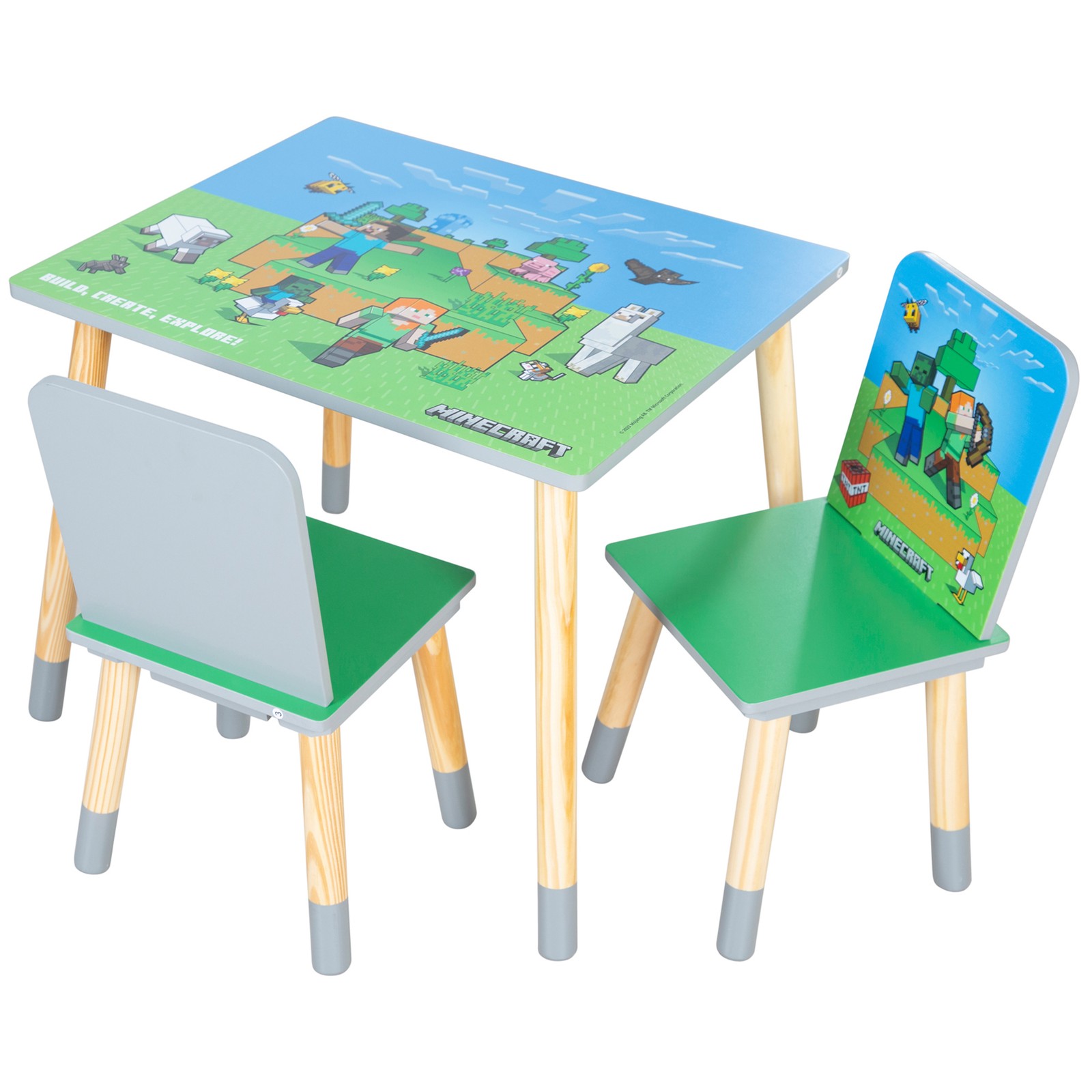 Minecraft Kids Wooden Table & Chair Set - Green & Blue, 3-Piece Decor