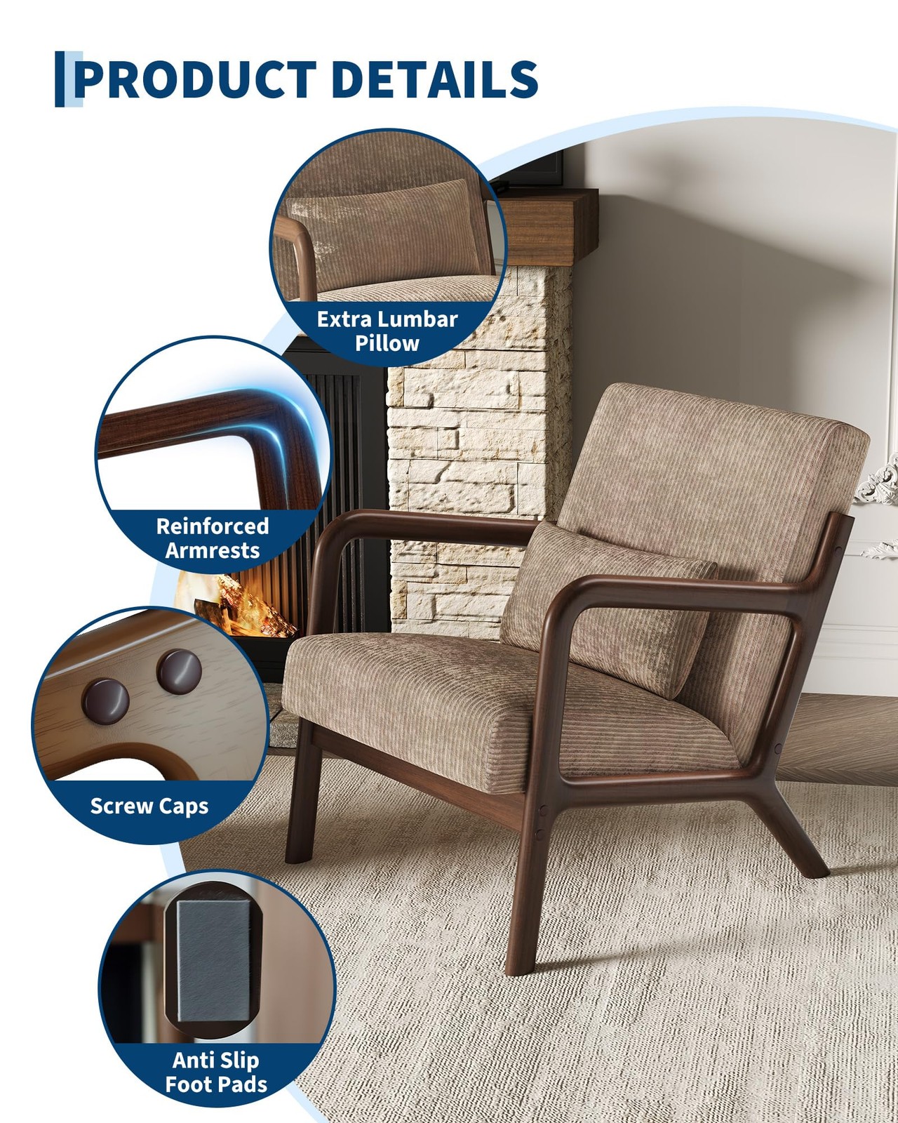 Modern Accent Chair, Mid-Century Corduroy Chair Lounge Armchair Solid Wood Frame