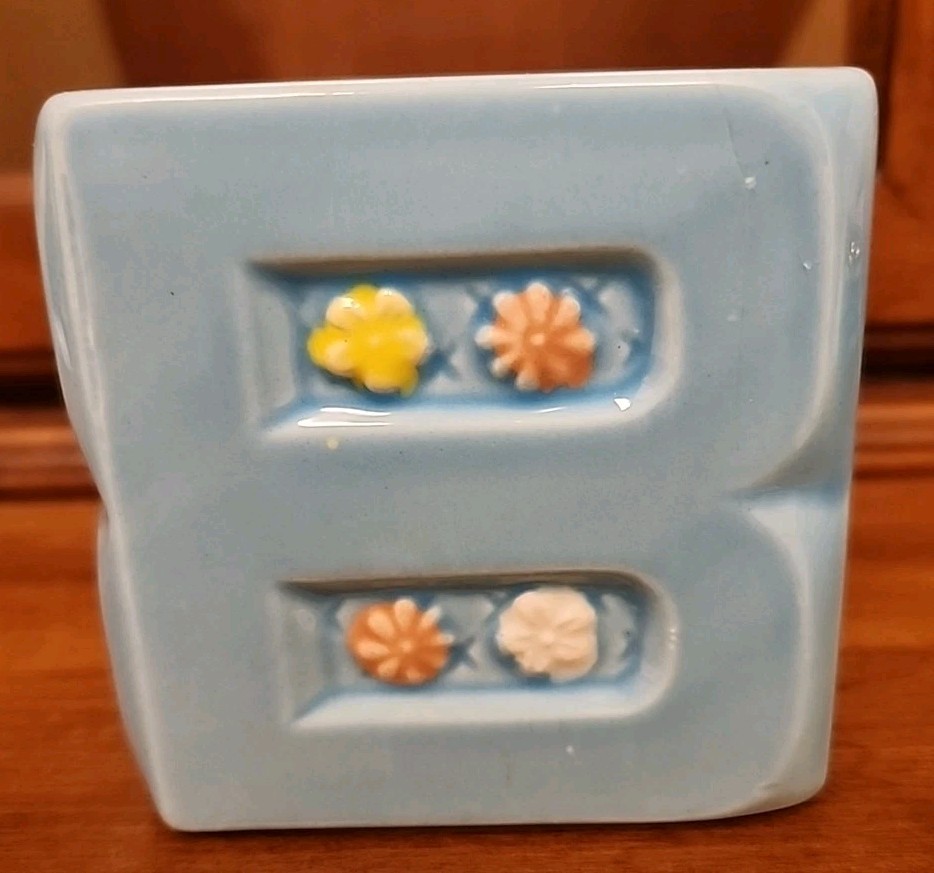 Vintage Nursery Planter Blue Letter "B" Flowers CJ Or GJ Ceramic Cottagecore MCM