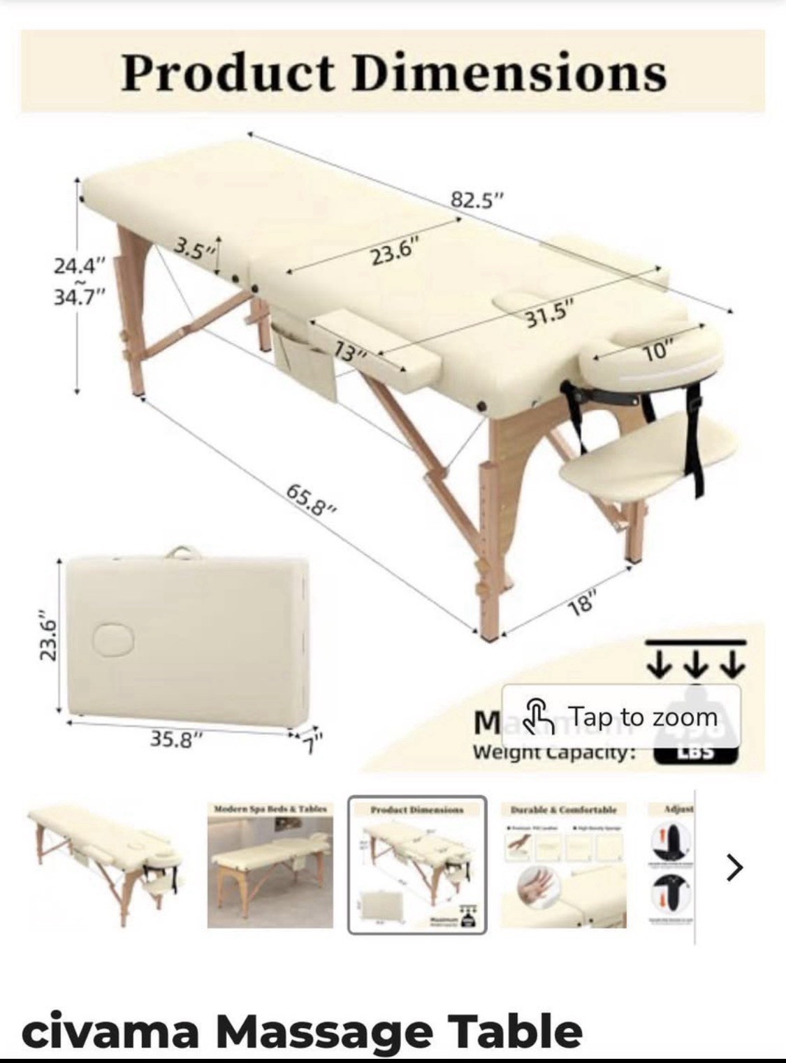 civama Portable Foldable Massage Table Beige PVC Leather Adjustable Headrest