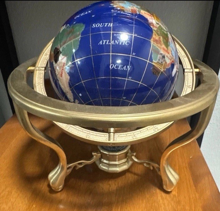 Semi-Precious Gemstone Inlaid 13” H World Globe with Compass in Copper Stand