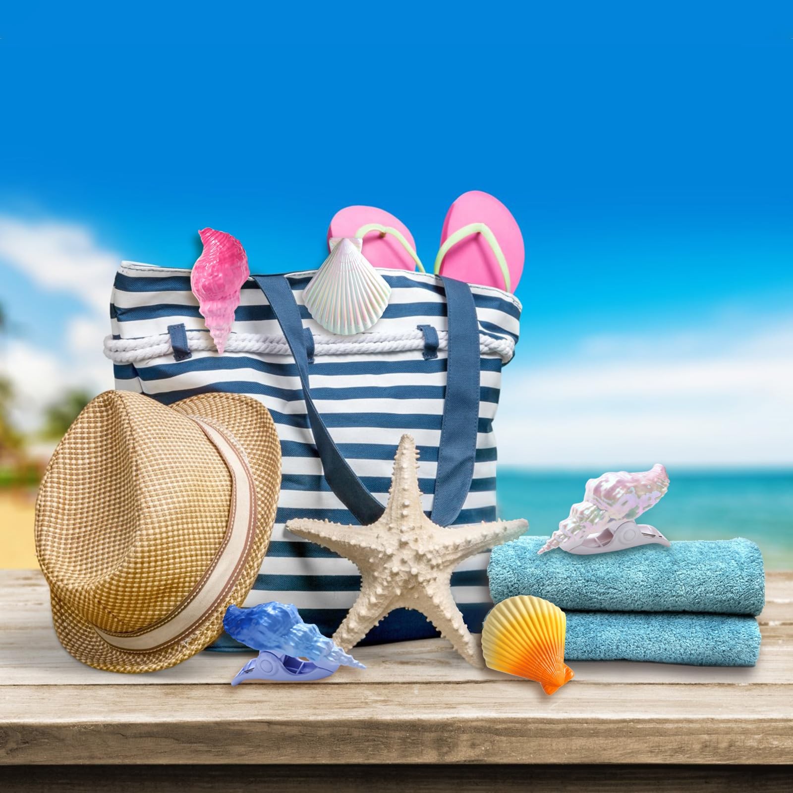 Shells Beach Towel Clips for Pool Lounge Chairs - Windproof Decorative 4-Pack