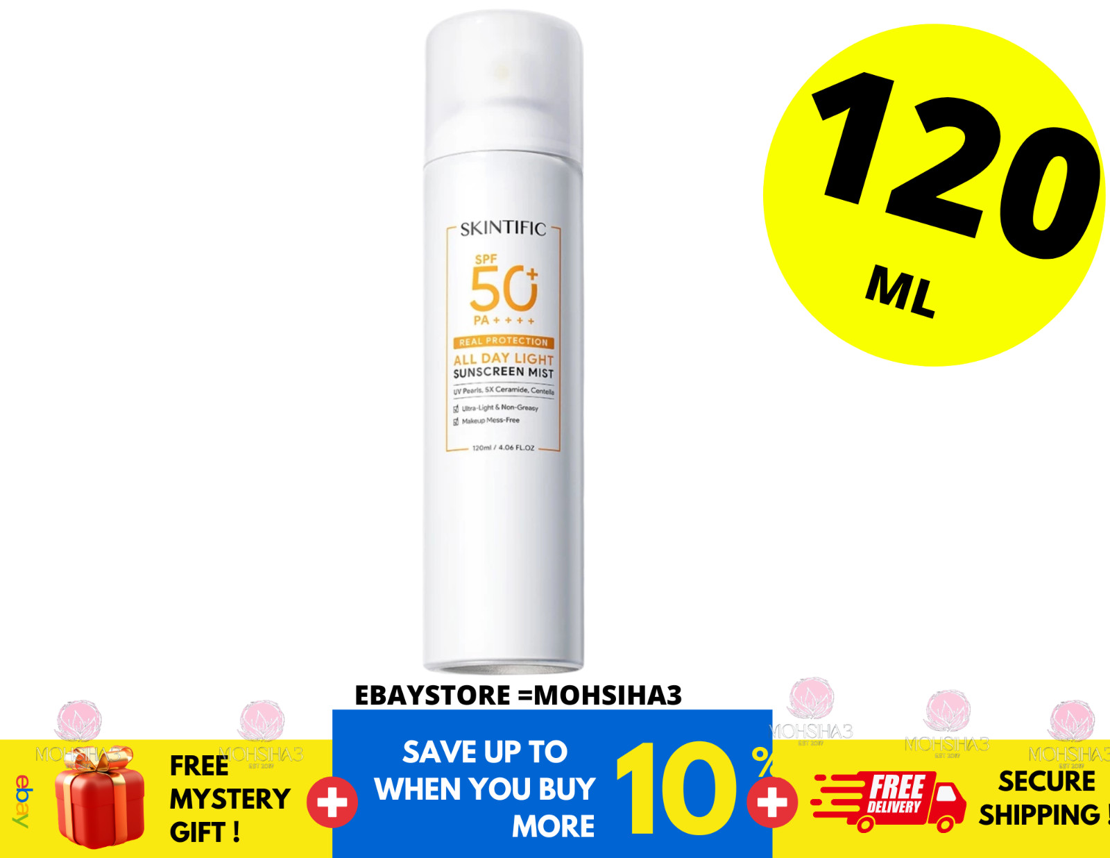 SKINTIFIC All Day Light Face Spray Sunscreen SPF50 PA++++ Clear Tinted Invisible