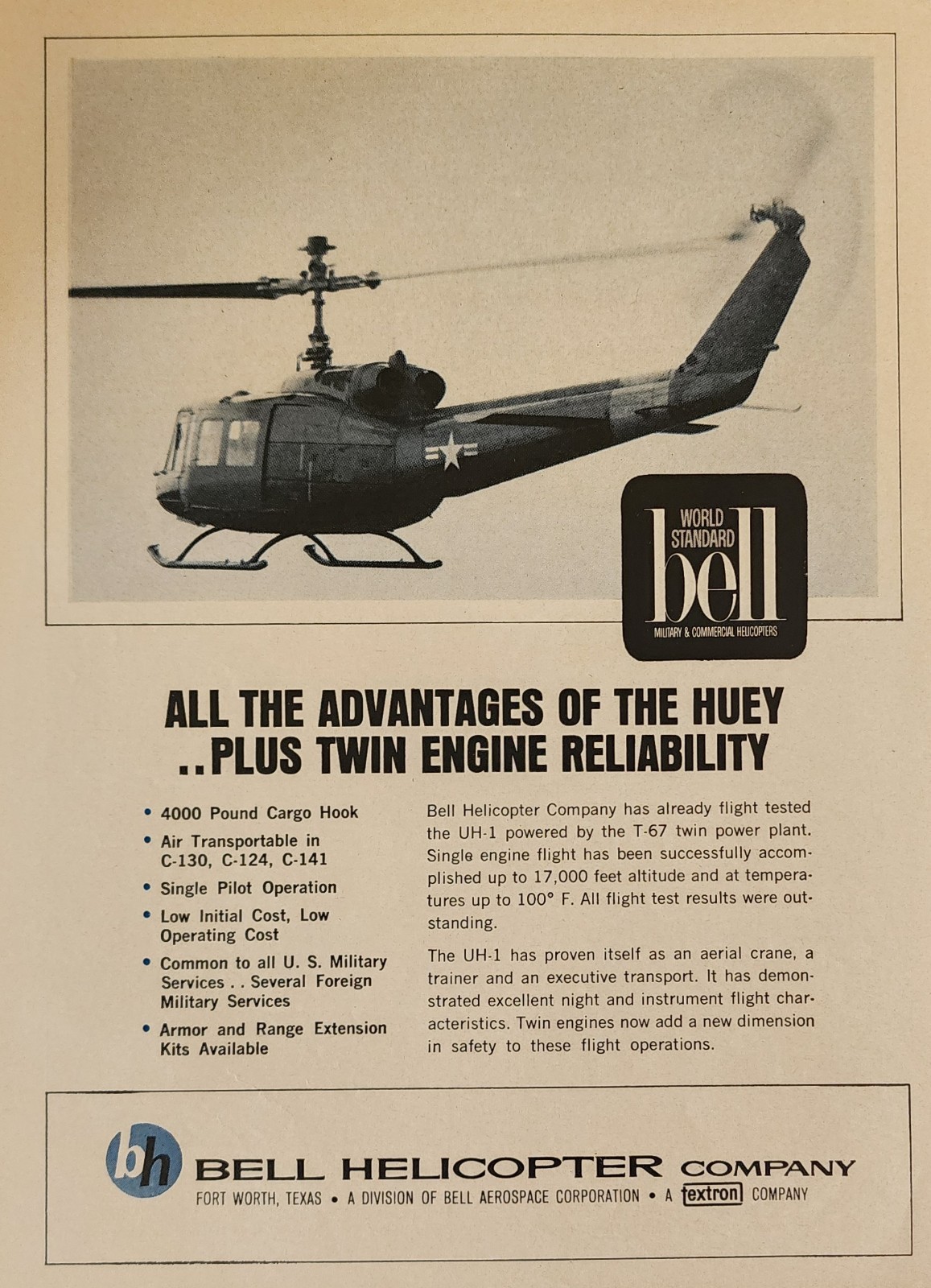 Bell Helicopter Picture Magazine Ad Original Vintage Wall Art Display Advantage