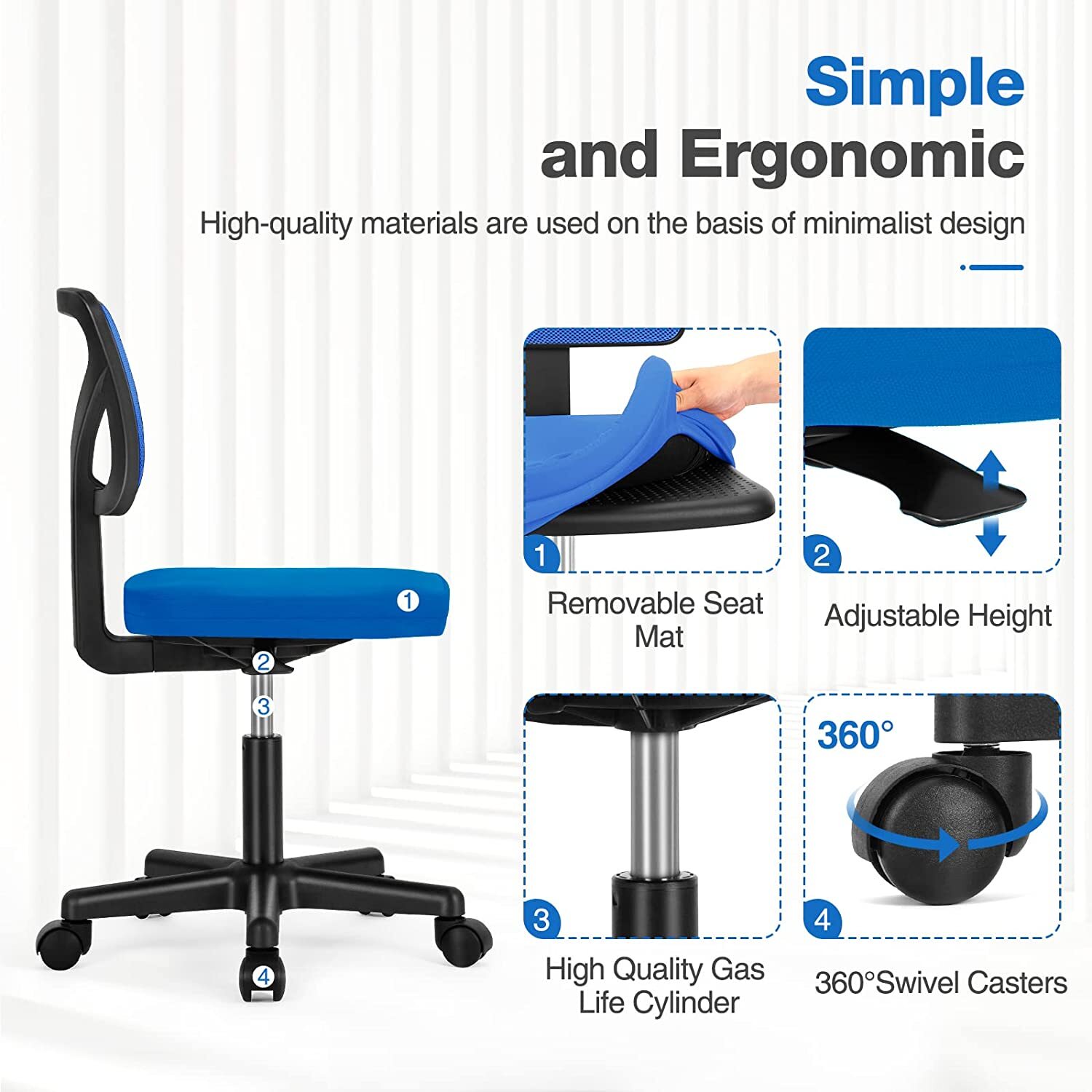 Cute Armless Mesh Task Chair, Swivel Rolling Desk Chair for Home Office