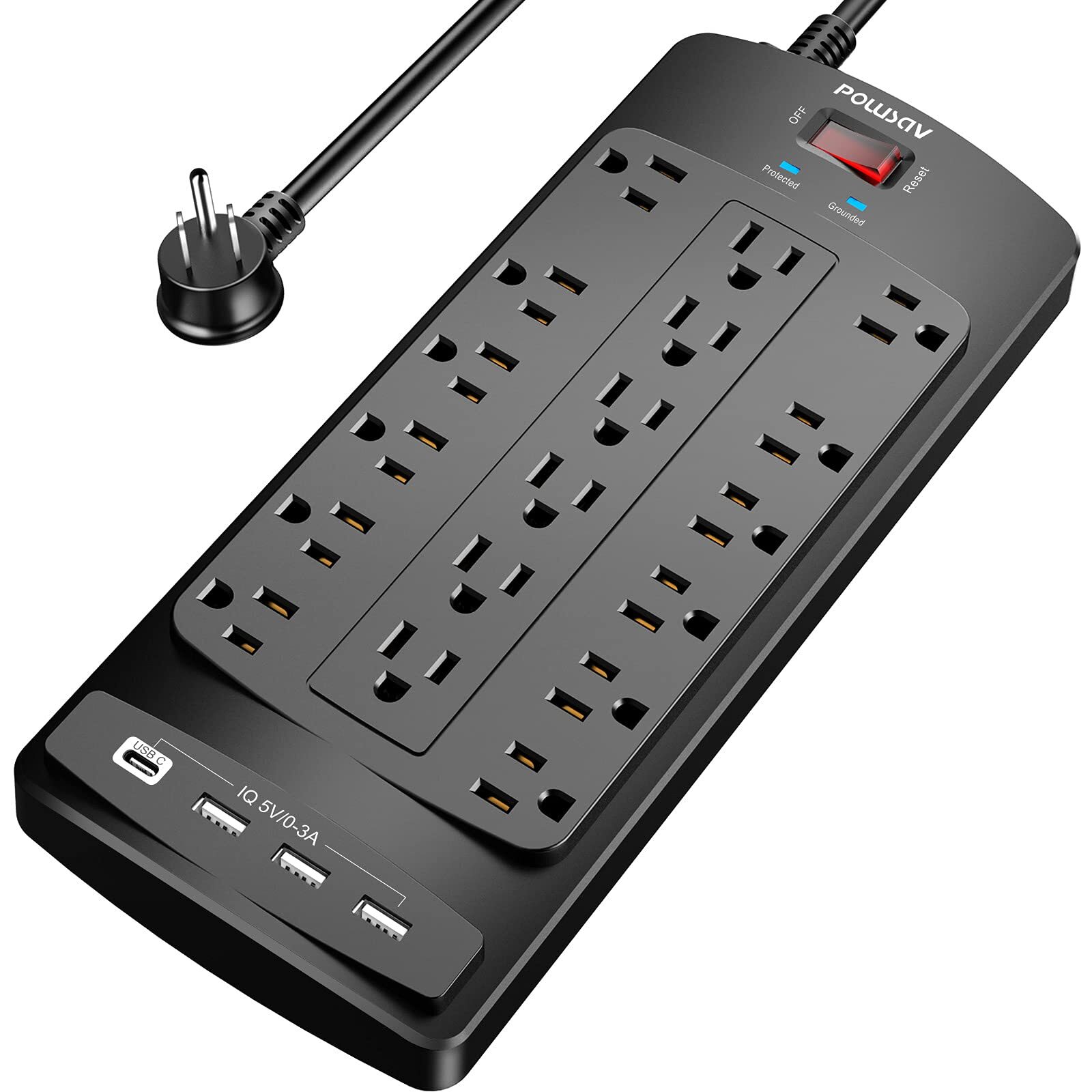6 Ft  Heavy Duty Extension Cord w/ 18 Widely Outlets & 4 USB Ports, 2100 Joules