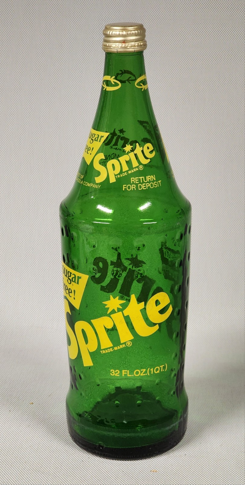 Vintage Sprite Sugar Free Sprite 32 OZ 1 Quart Green Bottle Yellow Letters W/Cap