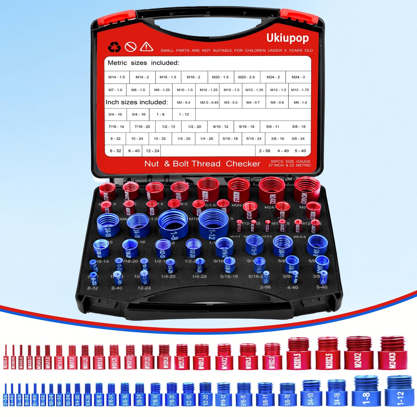 50 PCS Thread Checker Kit SAE Metric Bolt Nut Size Finder Tool 27 SAE 23