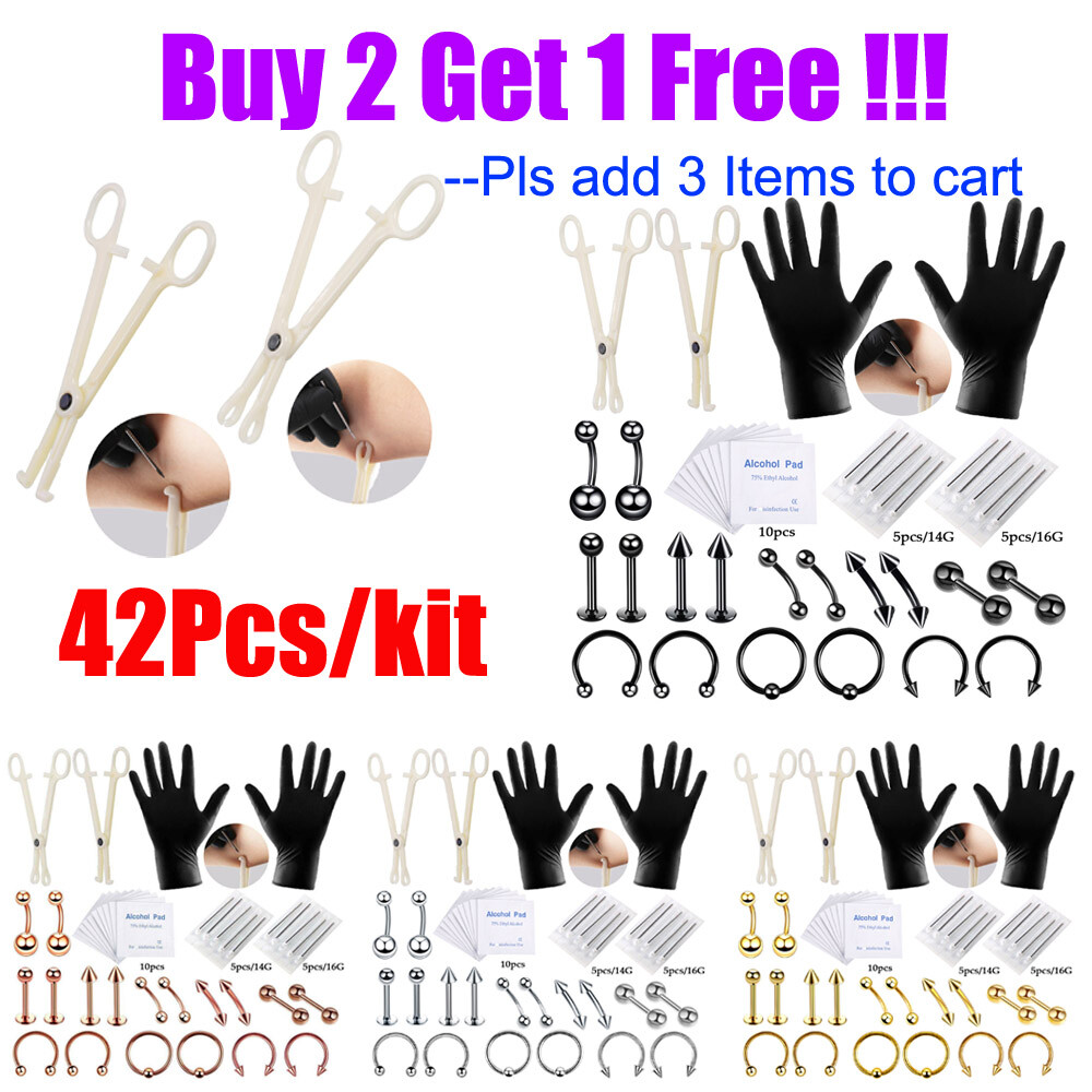 42Pcs Pro Body Piercing Tool Kit Lip Nose Tragus Belly Button Rings Needles Set