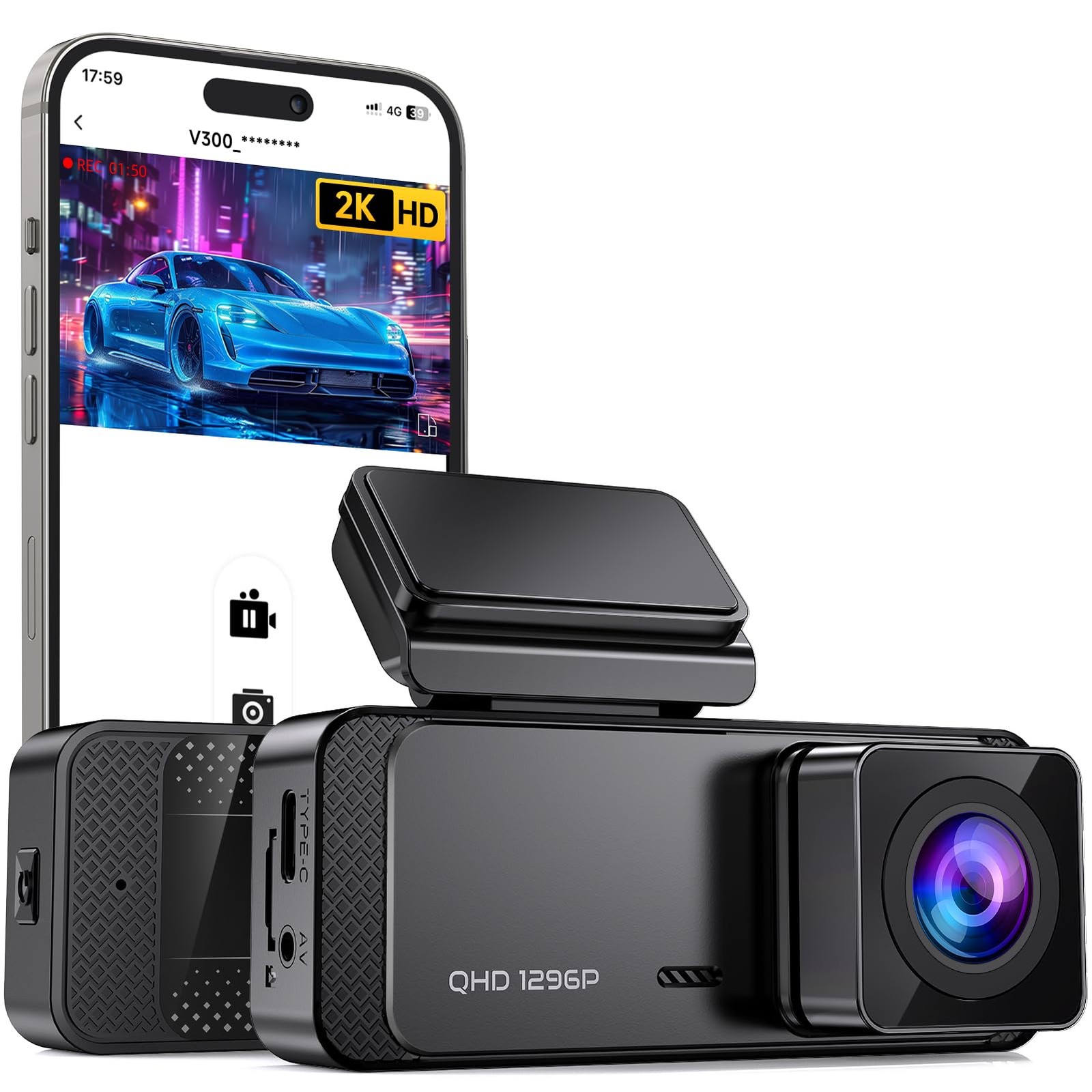 Veement 1296P Dash Cam Front, WiFi Dash Camera for Cars with App | V300 Mini Hid