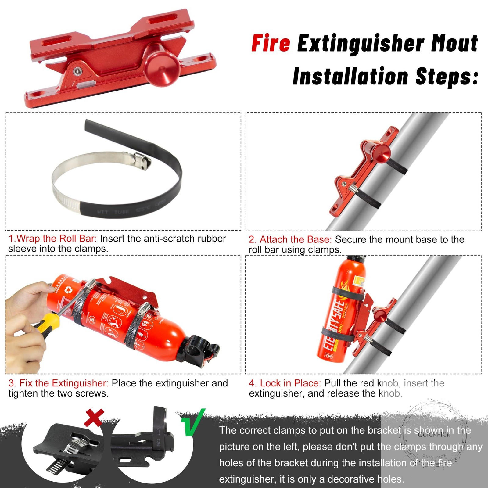 Quick Release Fire Extinguisher Mount - Aluminum Adjustable UTV Roll Bar Fire Ex